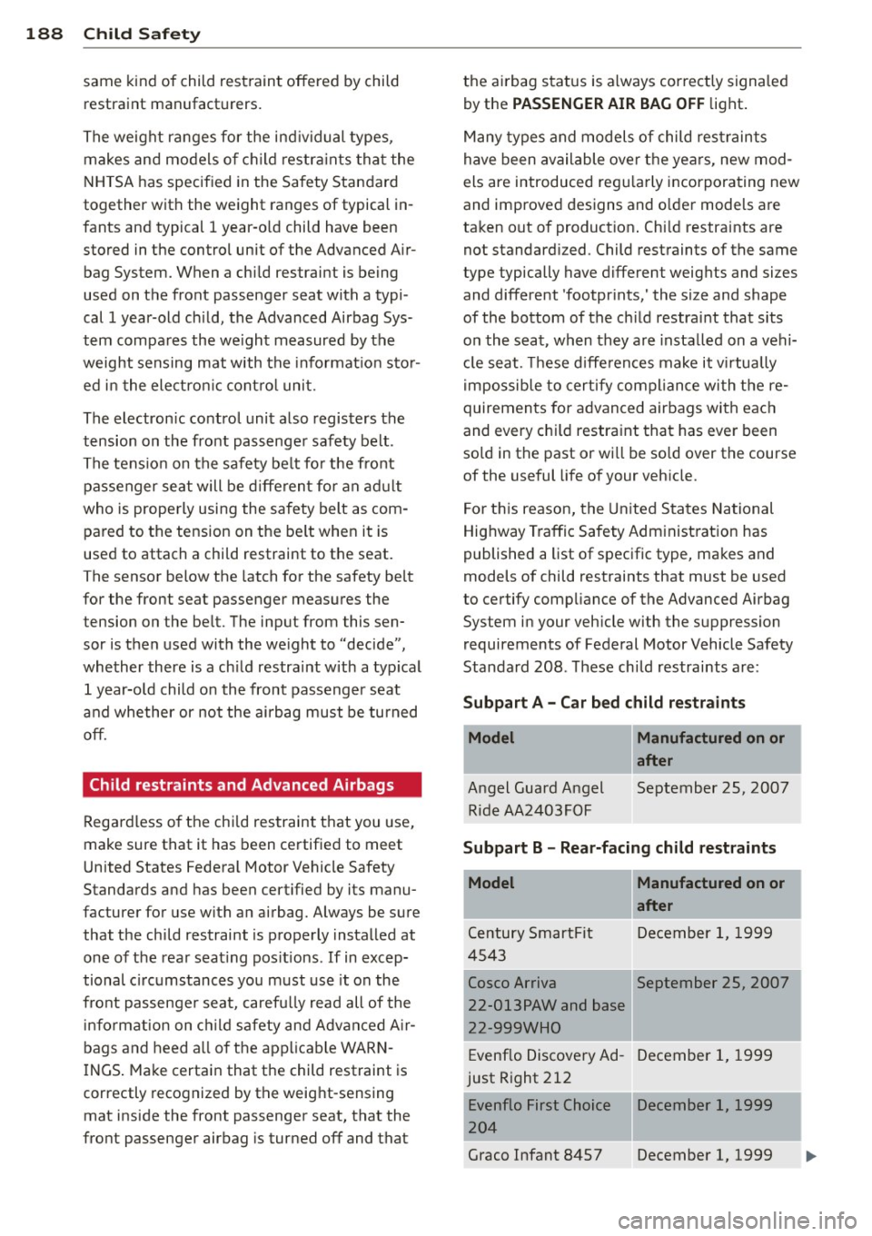 AUDI A5 COUPE 2012 Owners Guide 188 Child Saf ety
same kind of child rest raint offered by child
restraint manufact urers.
The weight ranges fo r the ind ividual types,
makes and mode ls o f chi ld restra ints AUDI A5 COUPE 2012 Owners Guide 188 Child Saf ety
same kind of child rest raint offered by child
restraint manufact urers.
The weight ranges fo r the ind ividual types,
makes and mode ls o f chi ld restra ints