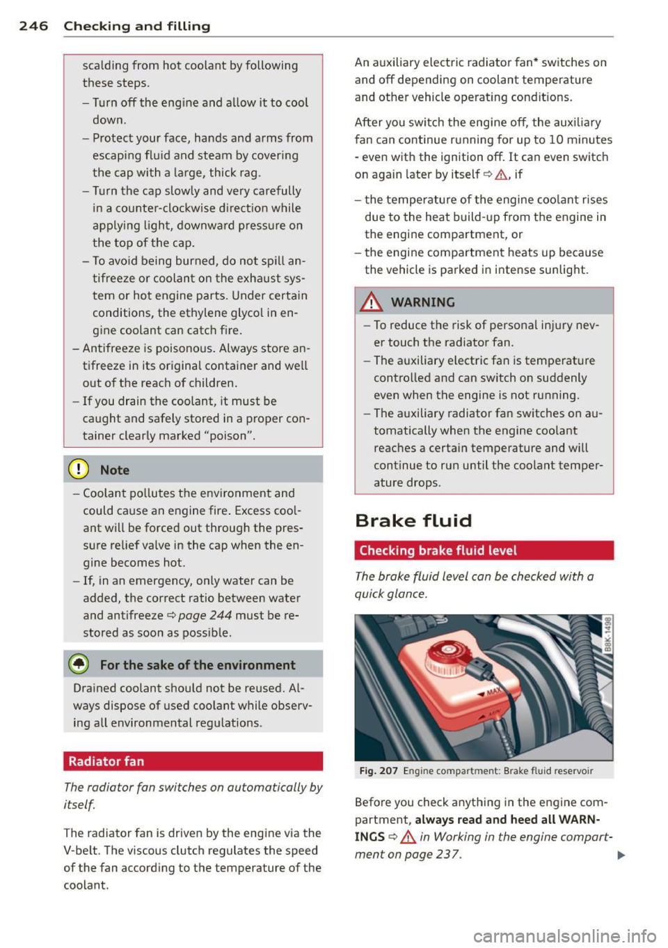 AUDI A5 COUPE 2012 Owners Manual 246 Checking and filling
sca lding from hot coolant by following
these steps .
- Turn off the engine and allow it to cool
down.
- Protect your face, hands and arms from
escapi AUDI A5 COUPE 2012 Owners Manual 246 Checking and filling
sca lding from hot coolant by following
these steps .
- Turn off the engine and allow it to cool
down.
- Protect your face, hands and arms from
escapi