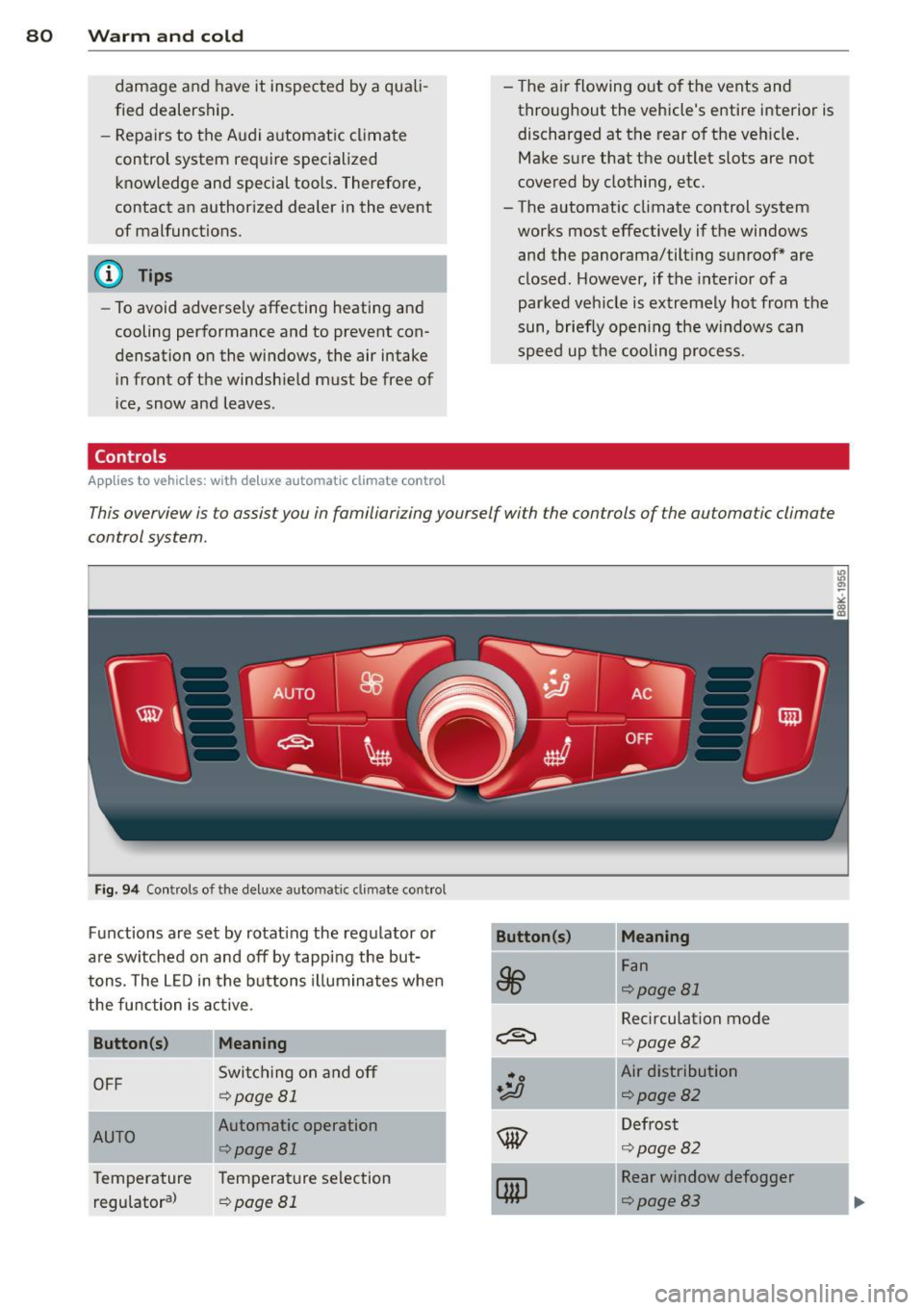 AUDI A5 COUPE 2012  Owners Manual 80  Warm  and cold 
damage  and  have  it  inspected  by a  quali­
fied  dealership. 
- Repairs  to  the  Audi automatic  climate 
control  system  require  specialized  knowledge  and  special  tool