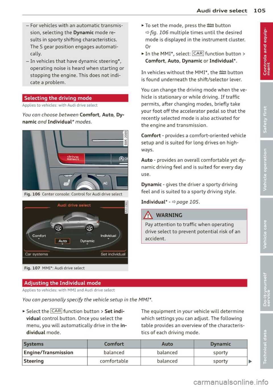 AUDI A5 COUPE 2014 Owners Manual -For vehicles with an automatic transmis
sion, selecting the
Dynamic mode re
su lts in sporty shifting characteristics .
The
5 gear posit ion engages automati
cally.
- In vehicle AUDI A5 COUPE 2014 Owners Manual -For vehicles with an automatic transmis
sion, selecting the
Dynamic mode re
su lts in sporty shifting characteristics .
The
5 gear posit ion engages automati
cally.
- In vehicle