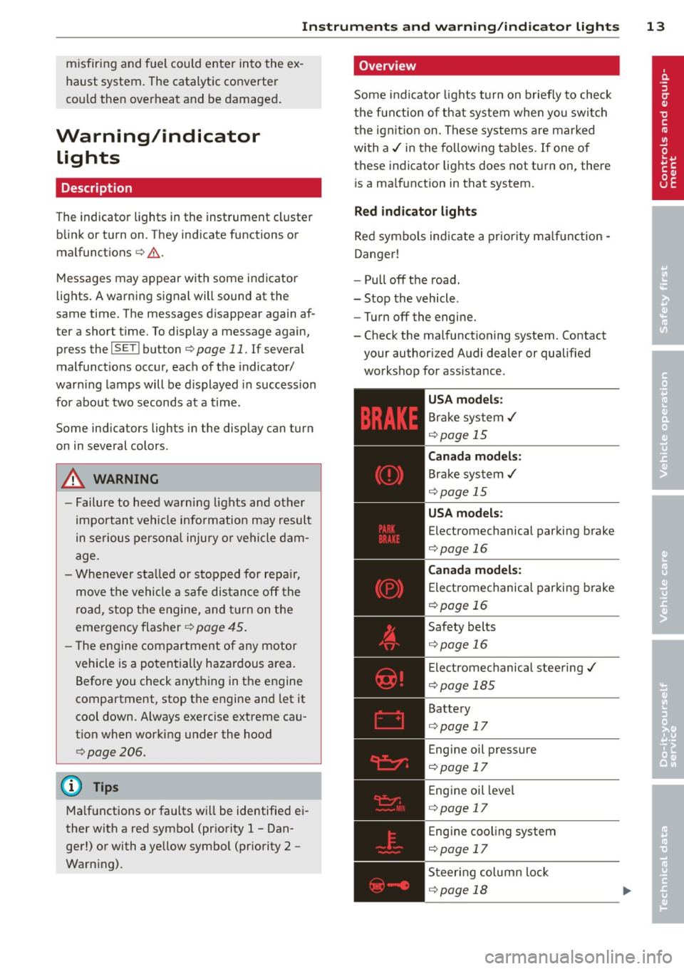 AUDI A5 COUPE 2014 Owners Manual Instrument s and warnin g/indic ator ligh ts 13
misfiring and fuel could enter into the ex
haust system . The catalytic converter
could then overheat and be damaged .
Warning/in AUDI A5 COUPE 2014 Owners Manual Instrument s and warnin g/indic ator ligh ts 13
misfiring and fuel could enter into the ex
haust system . The catalytic converter
could then overheat and be damaged .
Warning/in