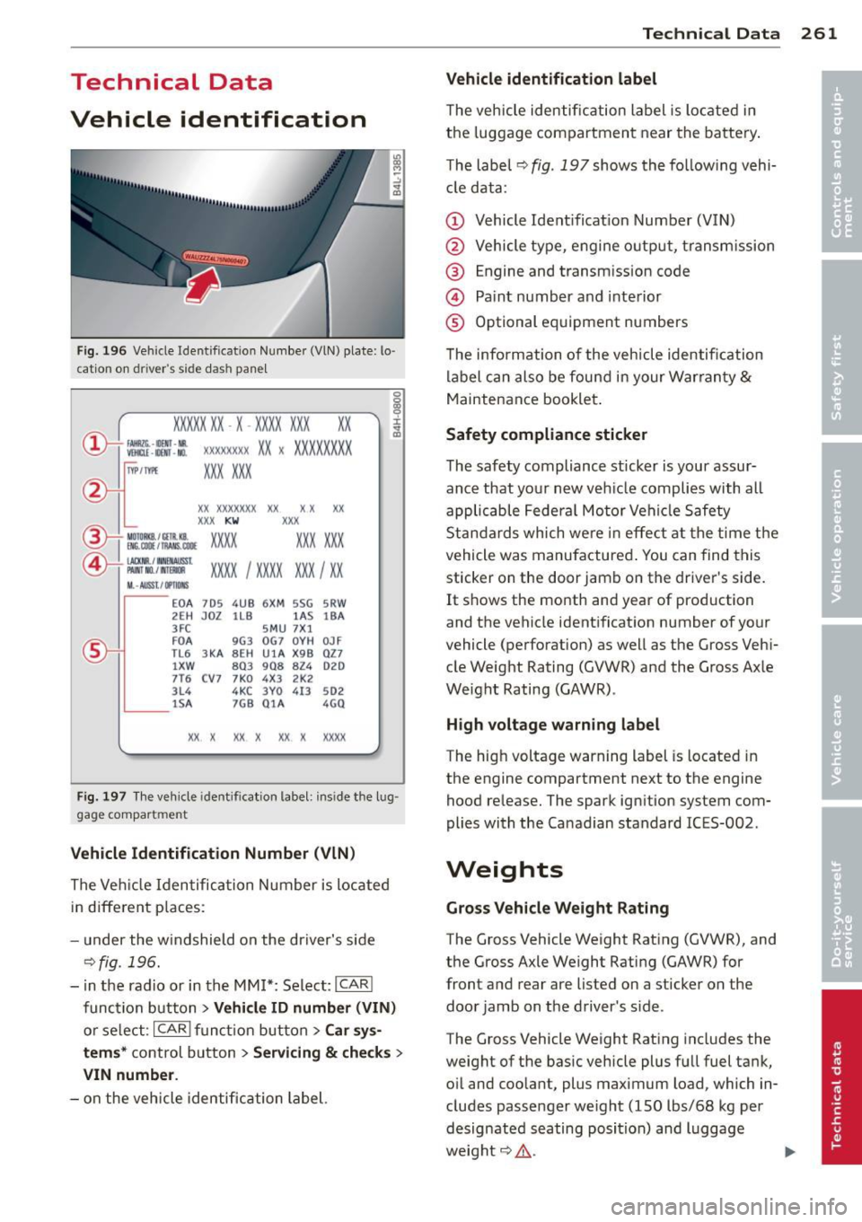AUDI A5 COUPE 2014  Owners Manual Technical  Data 
Vehicle  identification 
F ig.  196 Veh ide  Identificat ion  Number  (VlN) plate:  lo · 
c ation  on  d river s  s ide  das h panel 
XXXXX  XX · X  -XXXX XXX 
~ fAllftlli.  -lllll