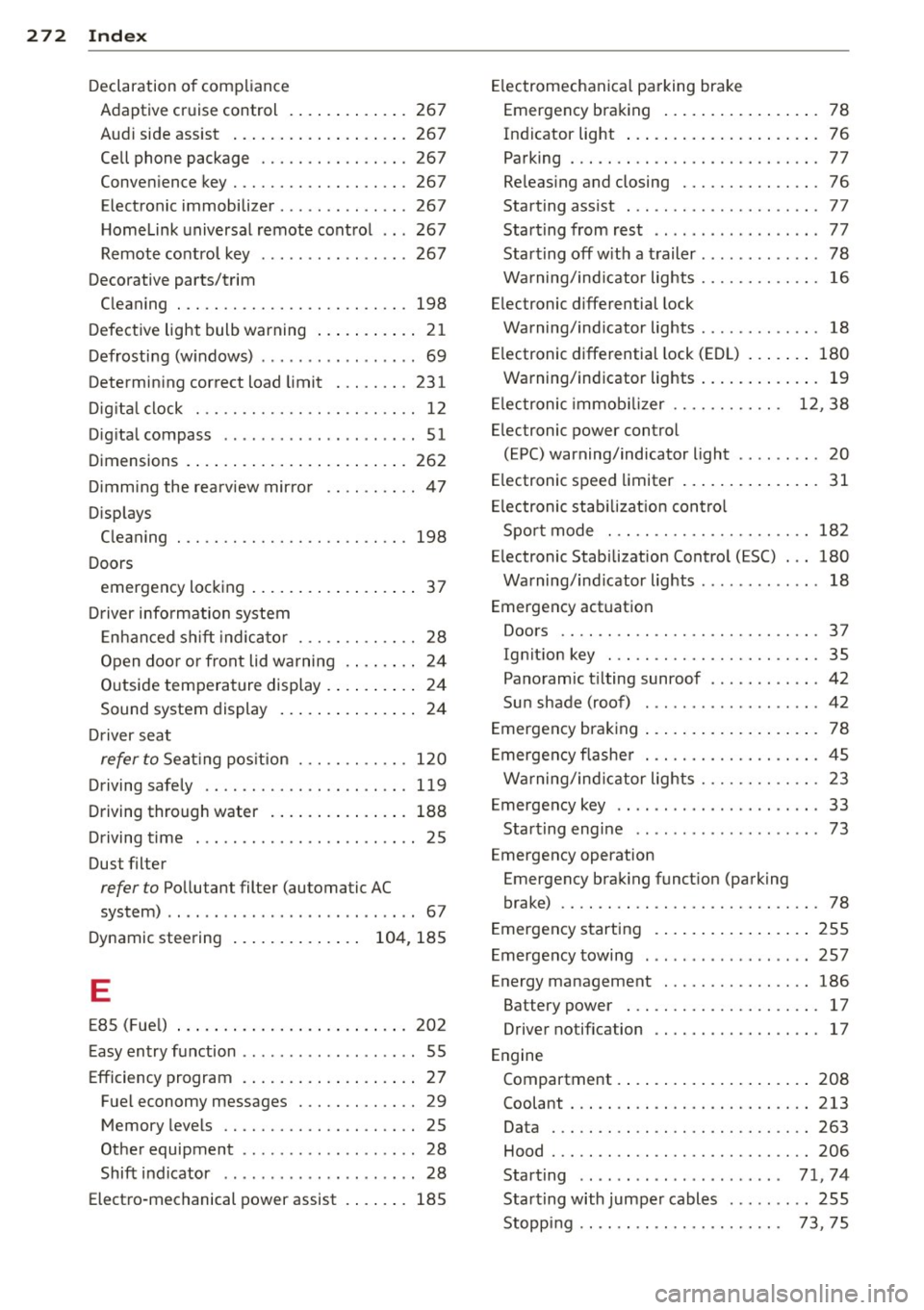 AUDI A5 COUPE 2014  Owners Manual 272  Index 
Declaration of  compliance 
Adaptive  cruise control  ... ... ... ... .  267 
Audi  side assist  ...................  267 
Cell phone  package  ....... .. .. .... . 267 
Convenience key  .