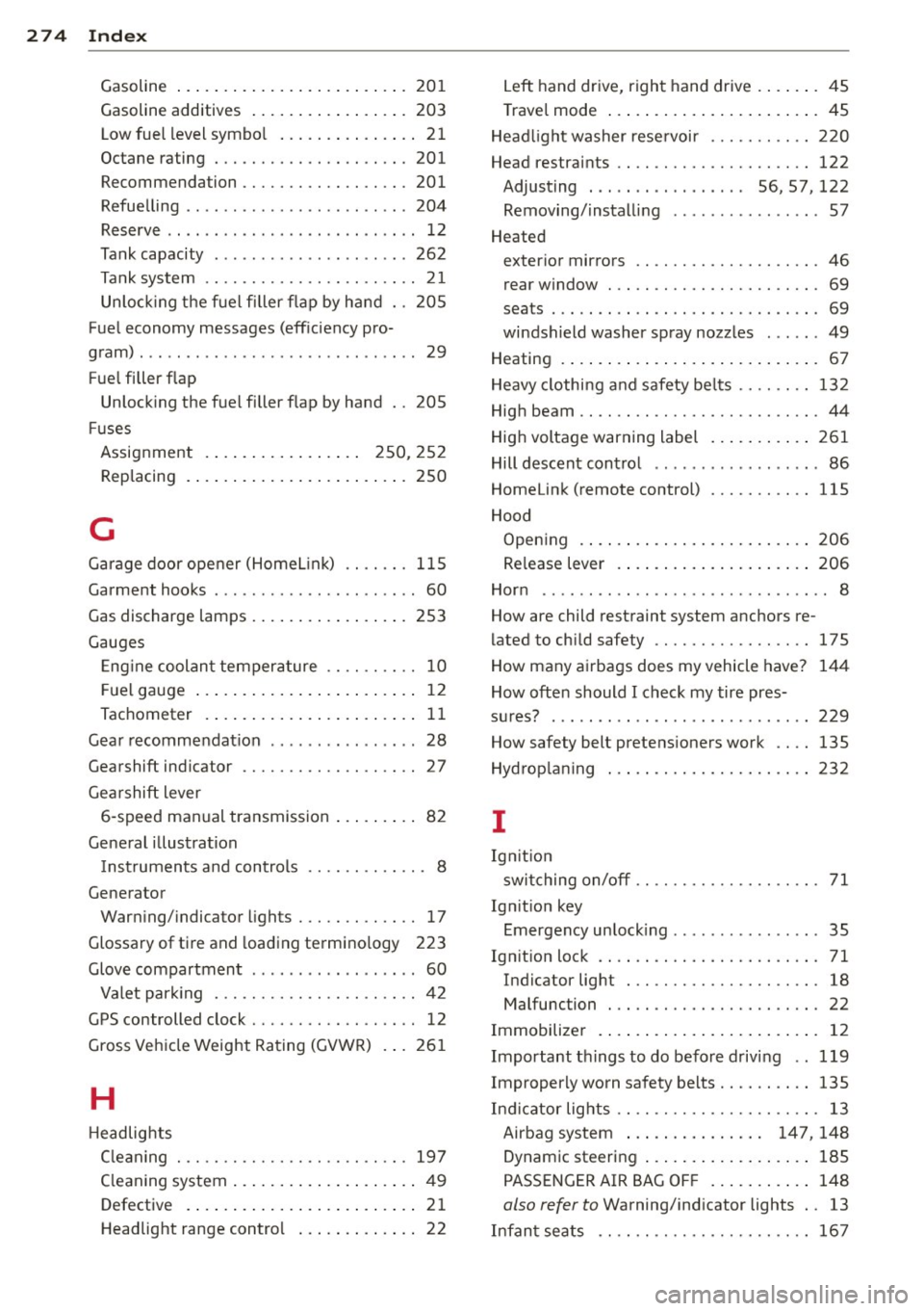 AUDI A5 COUPE 2014  Owners Manual 274  Index 
Gasoline ........ ......... ... .... . 201 
Gasoline  additives  .................  203 
Low  fuel  level  symbo l . . .  . .  . .  . .  . . . .  .  .  21 
Octane  rating  ............ .. 