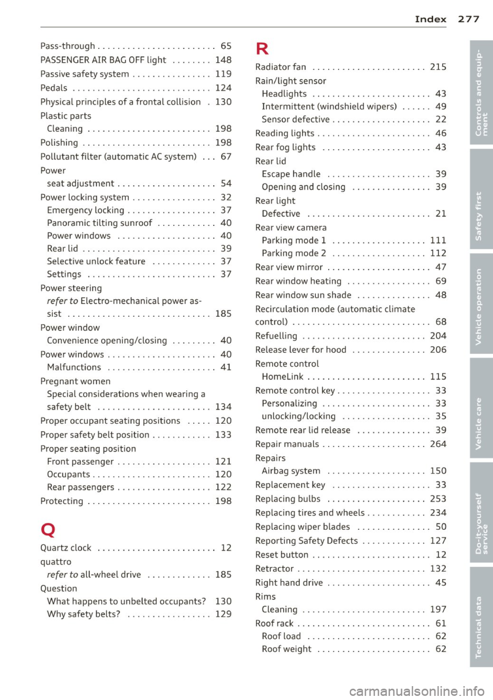 AUDI A5 COUPE 2014 Owners Manual -----------------------------~I~ n~ d~ e~x 277
Pass-through . . . . . . . . . . . . . . . . . . . . . . . . 65
PASSENGER AIR BAG OFF light . ....... 148
Passive safety system . . . . AUDI A5 COUPE 2014 Owners Manual -----------------------------~I~ n~ d~ e~x 277
Pass-through . . . . . . . . . . . . . . . . . . . . . . . . 65
PASSENGER AIR BAG OFF light . ....... 148
Passive safety system . . . .