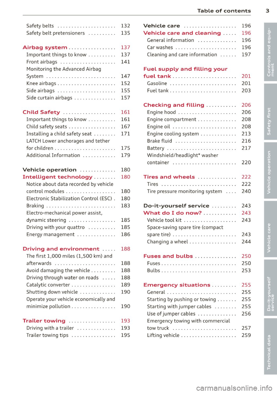 AUDI A5 COUPE 2014  Owners Manual Safety  belts  . . . . . .  . . . .  . . .  . .  . .  . .  . .  132 
Safety  belt  pretens ioners  .  . . .  . .  . .  . .  135 
Airbag  system .. .... ... .. .. .. .. 137 
I mportant  th ings to  kno