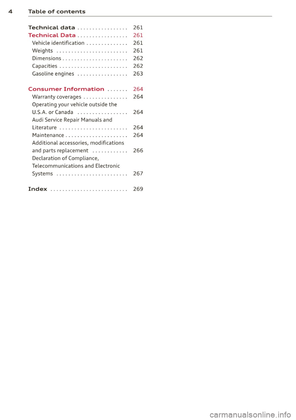 AUDI A5 COUPE 2014 Owners Manual 4 Table of contents
Technic al d ata . . . . . . . . . . . . . . . . .
26 1
Technical Data . . . . . . . . . . . . . . . . . 261
Vehicle ident ificat ion . . . . . . . . . . AUDI A5 COUPE 2014 Owners Manual 4 Table of contents
Technic al d ata . . . . . . . . . . . . . . . . .
26 1
Technical Data . . . . . . . . . . . . . . . . . 261
Vehicle ident ificat ion . . . . . . . . . .
