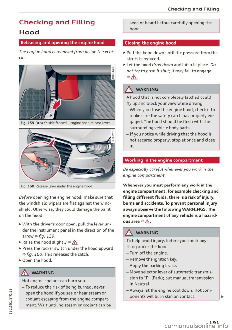 AUDI A5 COUPE 2015 Owners Manual M N
0 lÂoo
rl I.O
" N
" rl
Checking and Filling Hood
Releasing and opening the engine hood
The engine hood is released from inside the vehiÂ
cle.
Fig. 159 Drivers side foo AUDI A5 COUPE 2015 Owners Manual M N
0 lÂoo
rl I.O
" N
" rl
Checking and Filling Hood
Releasing and opening the engine hood
The engine hood is released from inside the vehiÂ
cle.
Fig. 159 Drivers side foo