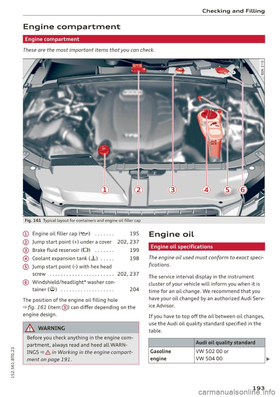 AUDI A5 COUPE 2015 Owners Manual M N
0 lÂoo
rl I.O
" N
" rl
Checking and Filling
Engine compartment
Engine compartment
These are the most important items that you can check.
Fig. 161 Typical layout for container AUDI A5 COUPE 2015 Owners Manual M N
0 lÂoo
rl I.O
" N
" rl
Checking and Filling
Engine compartment
Engine compartment
These are the most important items that you can check.
Fig. 161 Typical layout for container