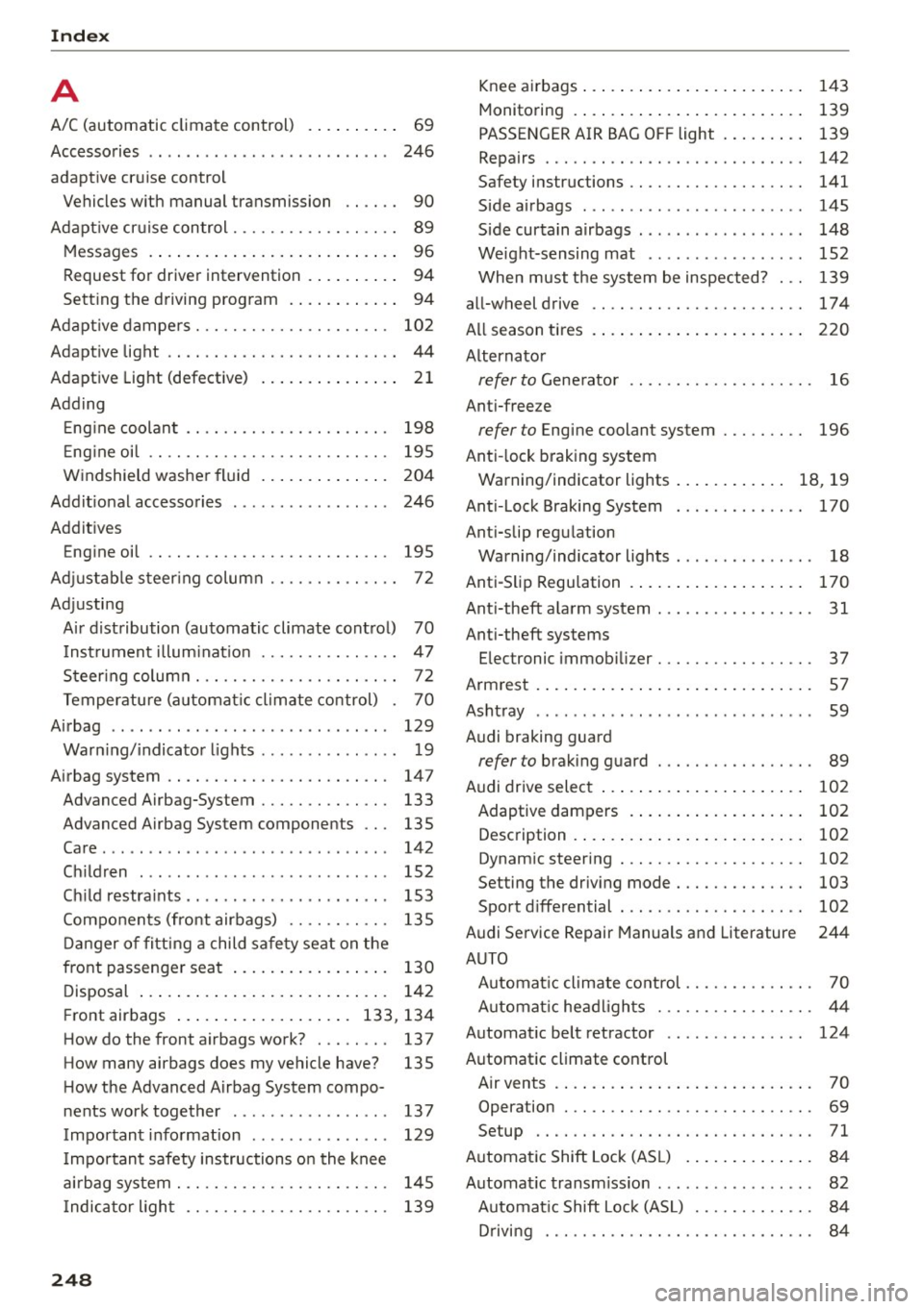 AUDI A5 COUPE 2015 Owners Manual Index
A
A/C (automatic climate control) . . . . . . . . . . 69
Accessories . . . . . . . . . . . . . . . . . . . . . . . . . . 246
adaptive c ruise control
Vehicles with manua AUDI A5 COUPE 2015 Owners Manual Index
A
A/C (automatic climate control) . . . . . . . . . . 69
Accessories . . . . . . . . . . . . . . . . . . . . . . . . . . 246
adaptive c ruise control
Vehicles with manua