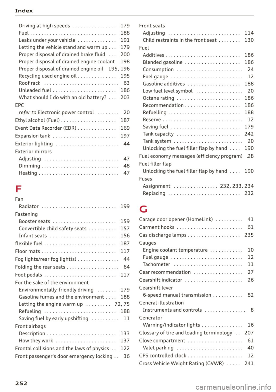 AUDI A5 COUPE 2015 Owners Manual Index
Driving at high speeds . . . . . . . . . . . . . . . . 179
Fuel . . . . . . . . . . . . . . . . . . . . . . . . . . . . . . . 188
Leaks under your veh icle ....... . AUDI A5 COUPE 2015 Owners Manual Index
Driving at high speeds . . . . . . . . . . . . . . . . 179
Fuel . . . . . . . . . . . . . . . . . . . . . . . . . . . . . . . 188
Leaks under your veh icle ....... .