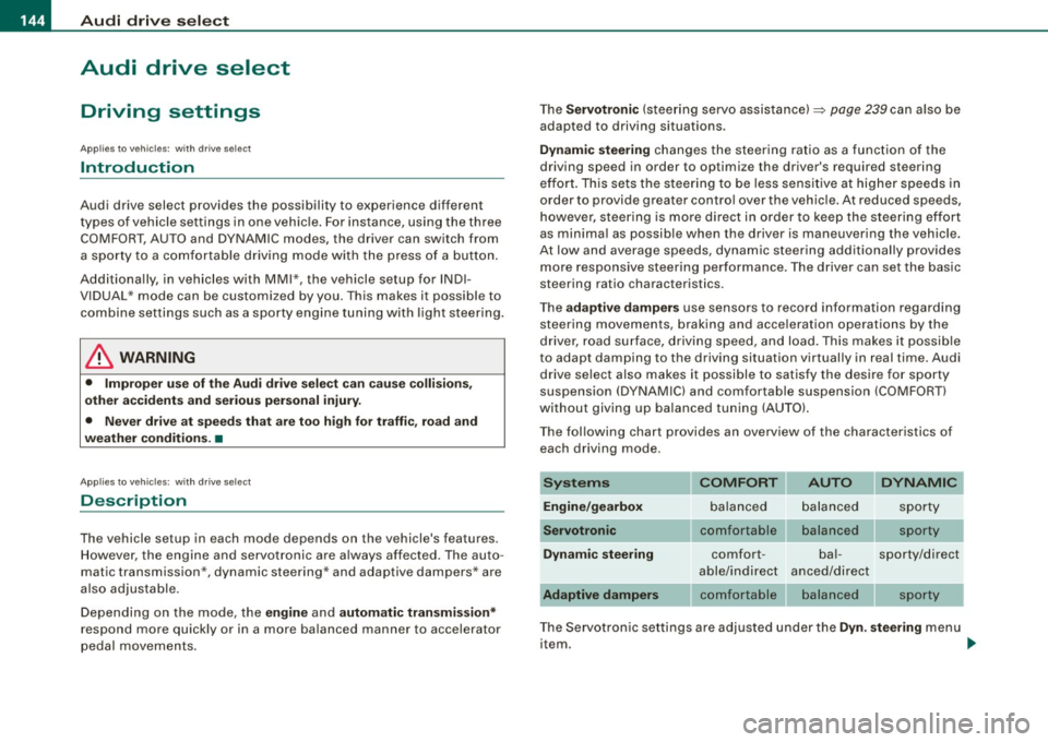 AUDI A5 COUPE 2010 Service Manual • .___A_ u_ d_ i _d _r_iv _ e_ s_e _le _ c_t  _______________________________________________  _ 
Audi  drive  select 
Driving  settings 
Applies  to  vehicles:  with  drive  se lect 
Introduction 
