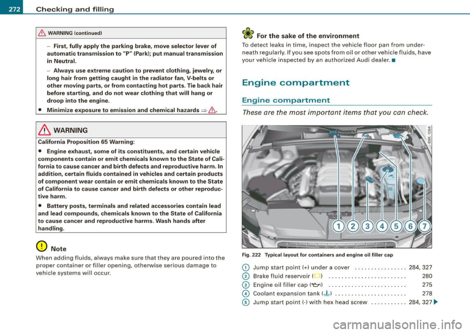 AUDI A5 COUPE 2010 Manual Online -Checking  and  filling 
---=---------------
& W
ARNING  (continued ) 
-First,  fully  apply  the  park ing  brake,  move  selector  lever  of 
automatic  transmission  to  "P "  (Park ); put  manual 