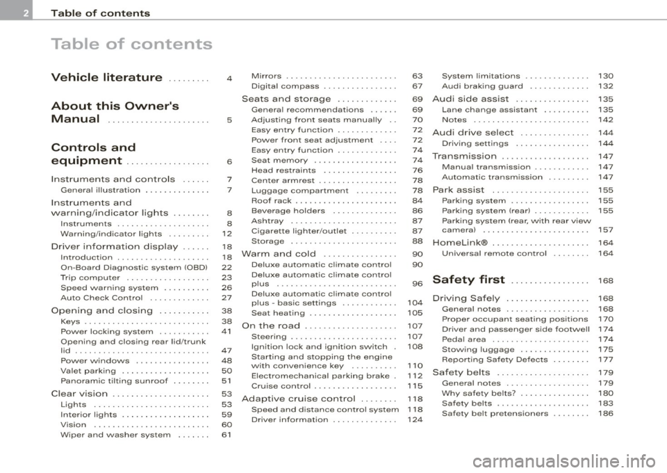 AUDI A5 COUPE 2010  Owners Manual Table  of  contents 
Table  of  contents 
Vehicle  literature ........  . 
About  this  Owners  Manual  ..... . .. ...... .......  . 
Controls  and 
equipment  .................  . 
Instrumen ts  and