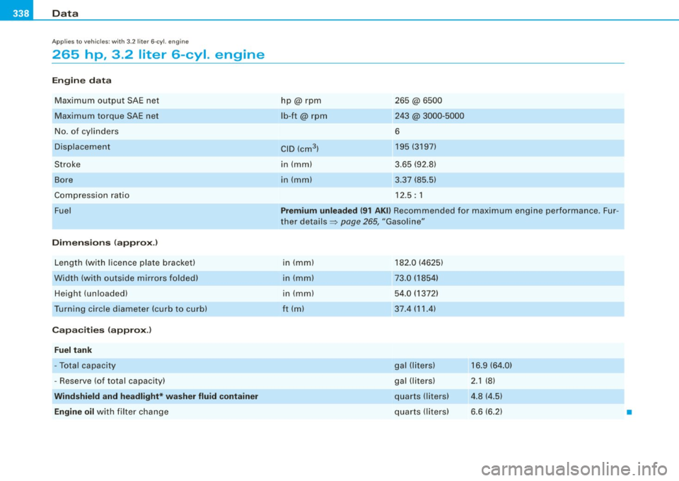 AUDI A5 COUPE 2010 User Guide llftl __ D_a_ t_ a ___________________________________________________  _ 
Applies  to vehicles : wit h 3.2 li ter  6-c yl.  en gine 
265  hp , 3.2  liter  6-cyl.  engine 
Engine  data 
Max imum  outp