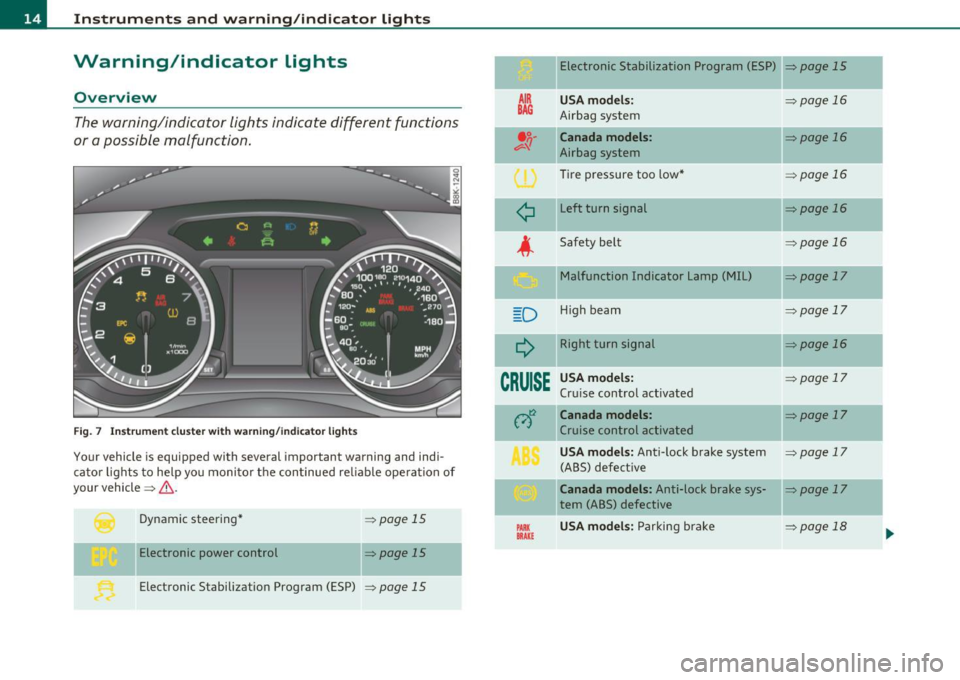 AUDI A5 COUPE 2011 Owners Manual Instruments and warning /indicator lights
Warning/indicator lights
Overview
The warning/indicator lights indicate different functions
or a possible malfunction.
F ig . 7 Inst rum ent c AUDI A5 COUPE 2011 Owners Manual Instruments and warning /indicator lights
Warning/indicator lights
Overview
The warning/indicator lights indicate different functions
or a possible malfunction.
F ig . 7 Inst rum ent c