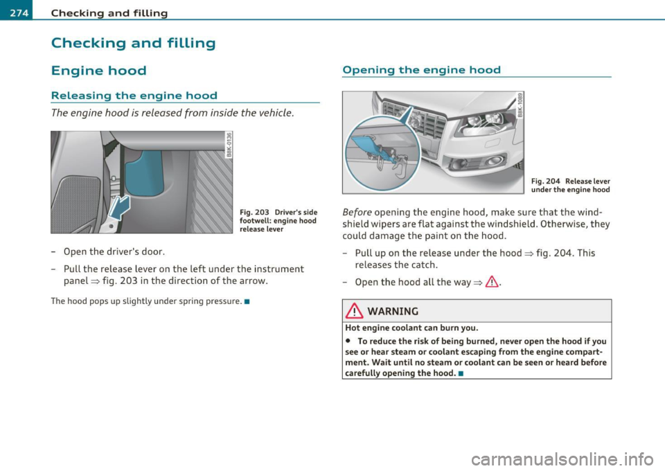 AUDI A5 COUPE 2011 Owners Manual ___ C_h_ e_c _k _i_n -=g :a,__ a_n_ d_ f_ i_ l _li _n _,g;._ __________________________________________ _
Checking and filling
Engine hood
Releasing the engine hood
The engine hood is re AUDI A5 COUPE 2011 Owners Manual ___ C_h_ e_c _k _i_n -=g :a,__ a_n_ d_ f_ i_ l _li _n _,g;._ __________________________________________ _
Checking and filling
Engine hood
Releasing the engine hood
The engine hood is re