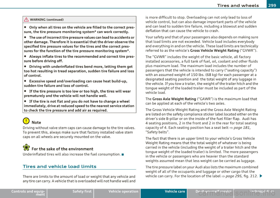 AUDI A5 COUPE 2011 Owners Manual ________________________________________________ T_i_r _e _s _ a_n _ d_ w_ h_ e _ e_l_s __ _
& WARNING (co ntinued )
• Only when all tire s on the vehicle are filled to the correct pre AUDI A5 COUPE 2011 Owners Manual ________________________________________________ T_i_r _e _s _ a_n _ d_ w_ h_ e _ e_l_s __ _
& WARNING (co ntinued )
• Only when all tire s on the vehicle are filled to the correct pre
