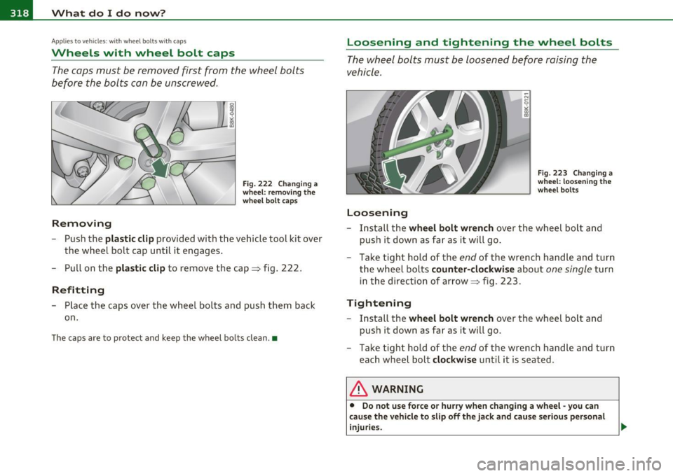 AUDI A5 COUPE 2011 Owners Manual -L--....:..:W:..:..; h:..:.:: a:..:t :... d.:.:..: o:.:...:. I..;d:.:...:. o....:..: n:..:o :...w:..:..:. ? ___________________________________________ _
Applies to veh icles : w ith wheel bolts AUDI A5 COUPE 2011 Owners Manual -L--....:..:W:..:..; h:..:.:: a:..:t :... d.:.:..: o:.:...:. I..;d:.:...:. o....:..: n:..:o :...w:..:..:. ? ___________________________________________ _
Applies to veh icles : w ith wheel bolts
