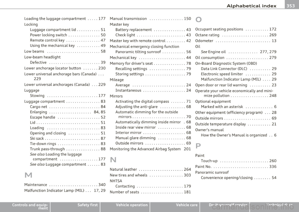 AUDI A5 COUPE 2011 Owners Manual Alphabetical index -________________ fWI
Loading the luggage compartment .. .. . 177
Locking Luggage compartment lid ...... ... .. 51
Power locking switch ............... SO
Remote cont AUDI A5 COUPE 2011 Owners Manual Alphabetical index -________________ fWI
Loading the luggage compartment .. .. . 177
Locking Luggage compartment lid ...... ... .. 51
Power locking switch ............... SO
Remote cont