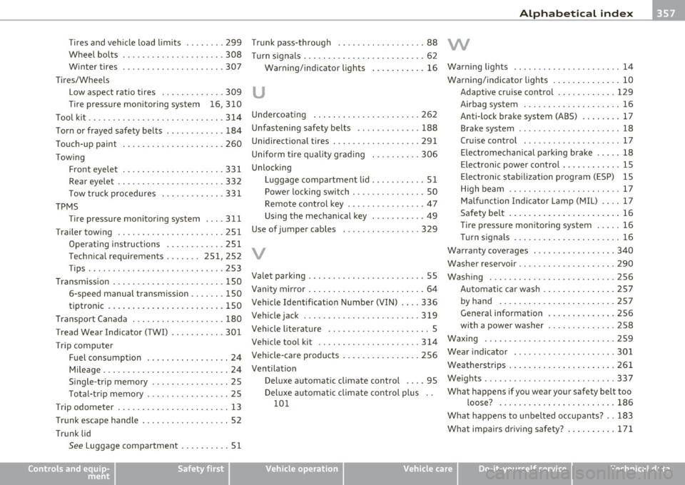 AUDI A5 COUPE 2011 Owners Manual _________________________________________ ..!.A~ lp~ h~a ~b~ e~ t~ i~c ~a ~l ...!_i~n ~d ~e~ x~ _ffllll
Tires and vehicle load limits .. .. .... 299 Trunk pass-through .... .. .. .. ... ..... AUDI A5 COUPE 2011 Owners Manual _________________________________________ ..!.A~ lp~ h~a ~b~ e~ t~ i~c ~a ~l ...!_i~n ~d ~e~ x~ _ffllll
Tires and vehicle load limits .. .. .... 299 Trunk pass-through .... .. .. .. ... .....