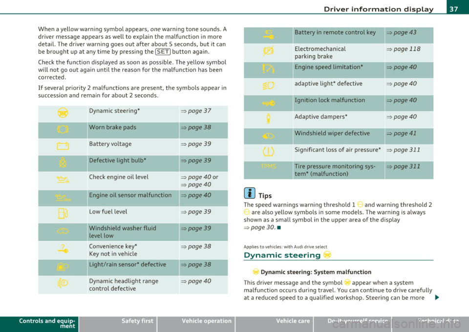 AUDI A5 COUPE 2011  Owners Manual When  a yellow  warning  symbol  appears, one warning  tone  sounds.  A 
driver  message  appea rs as  well  to  expla in the  ma lf u nction  in  more 
detail.  The  driver  warning  goes  out  after