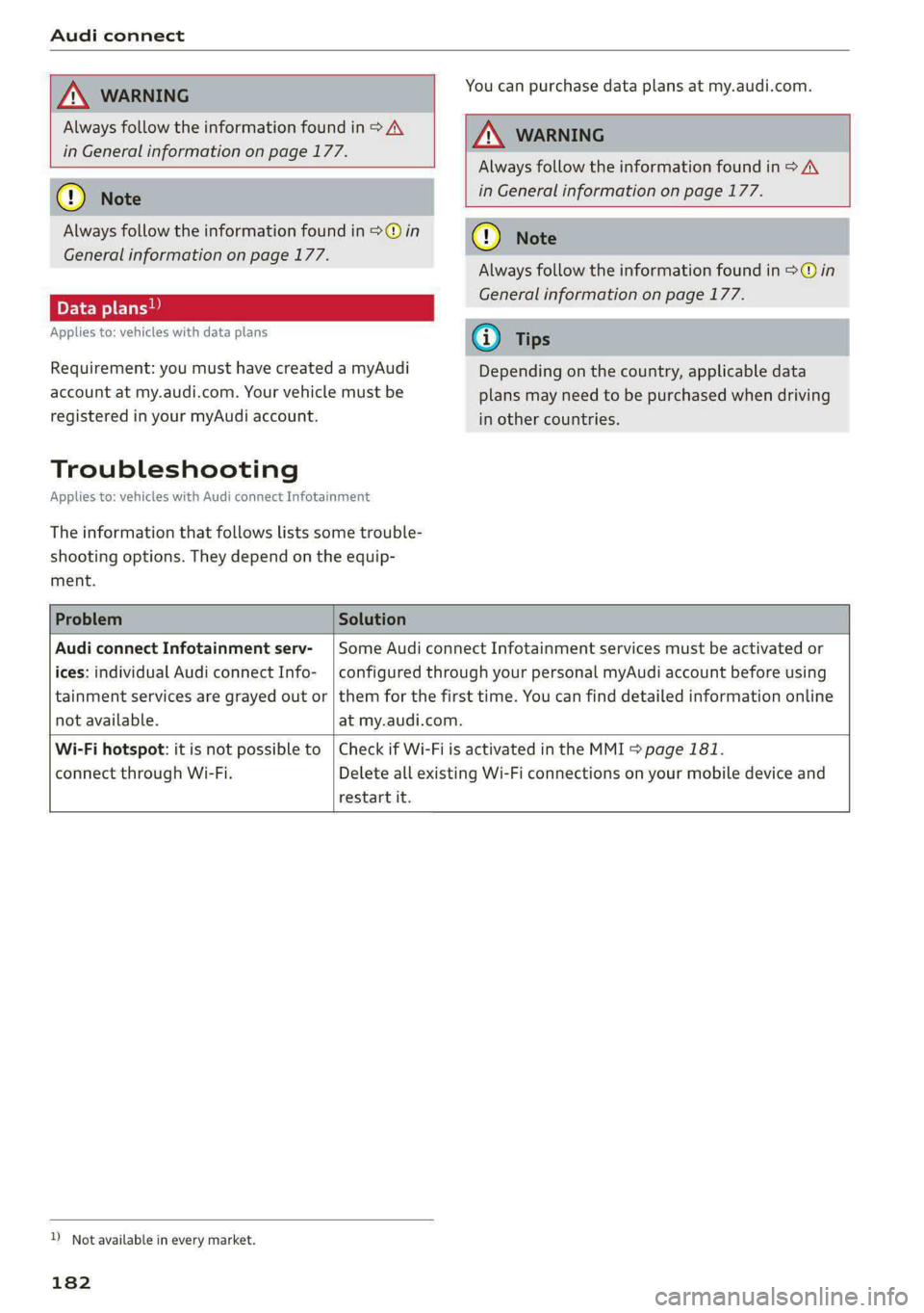 AUDI A6 2020 Owners Manual Audi connect
Always follow the information found in > AV
in General information on page 177.
You can purchase data plans at my.audi.com.
Always follow the information found in >@ in
G AUDI A6 2020 Owners Manual Audi connect
Always follow the information found in > AV
in General information on page 177.
You can purchase data plans at my.audi.com.
Always follow the information found in >@ in
G