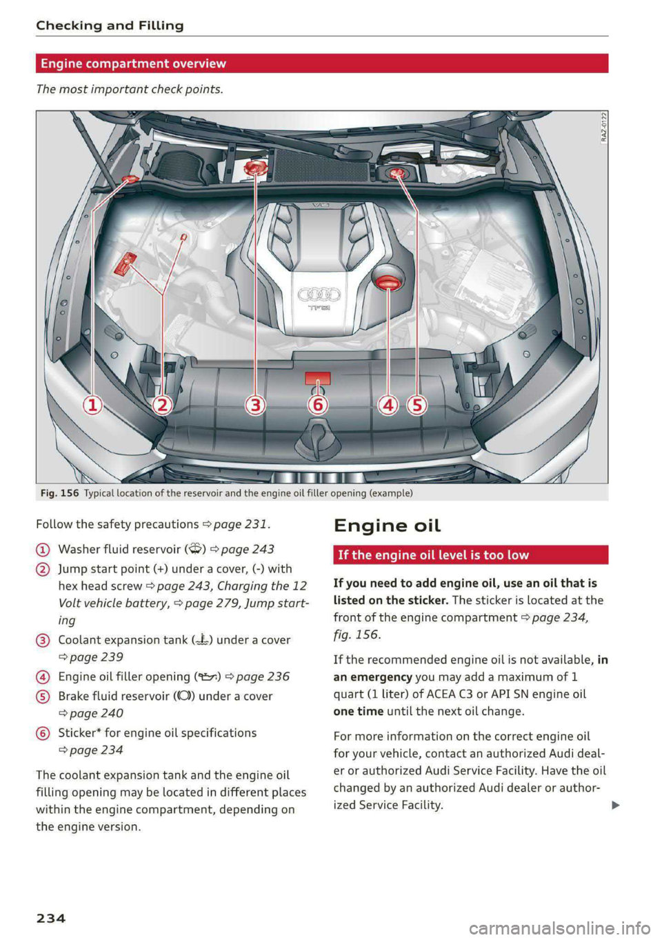AUDI A6 2020  Owners Manual Checking and Filling 
  
  
Engine compartment overview 
The most important check points. 
  
  
  
  
Fig. 156 Typical location of the reservoir and the engine oil filler opening (example) 
Follow th