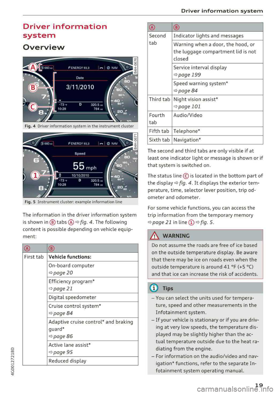 AUDI A6 2018 Owners Manual a co ,...,
N
" N ,...,
0 0 \,;J "<I"
Driver information
system
Overview
Fig . 4 Dr iver informa tion sy stem in t he inst rum ent clus ter
Fig. S Instrum en t cl us ter: examp le in AUDI A6 2018 Owners Manual a co ,...,
N
" N ,...,
0 0 \,;J "<I"
Driver information
system
Overview
Fig . 4 Dr iver informa tion sy stem in t he inst rum ent clus ter
Fig. S Instrum en t cl us ter: examp le in