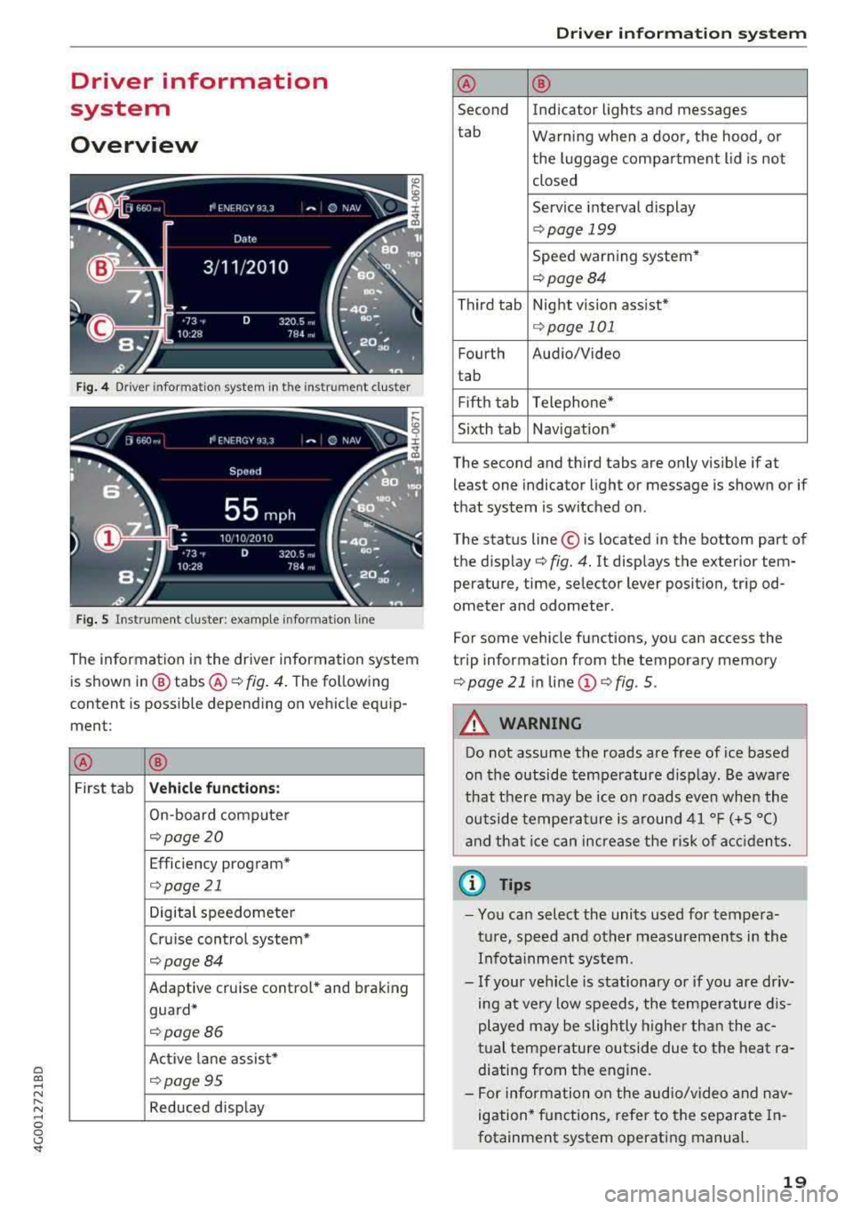 AUDI A6 2018  Owners Manual a co ,..., 
N 
" N ,..., 
0 0 \,;J "<I" 
Driver  information 
system  
Overview 
Fig . 4 Dr iver  informa tion  sy stem  in t he  inst rum ent  clus ter 
Fig.  S Instrum en t cl us ter:  examp le  in 