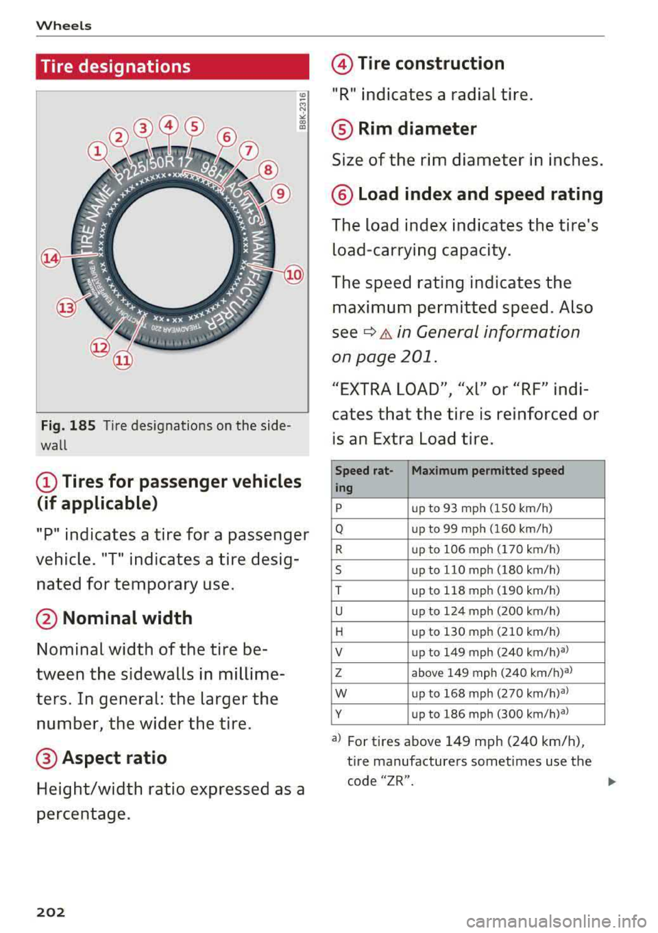 AUDI A6 2018 Owners Manual Wheels
Tire designations
Fig. 185 Tire designations on the side
wall
(D Tires for passenger vehicles
(if applicable)
"P" indicates a tire for a passenger
vehicle. "T" indicates a AUDI A6 2018 Owners Manual Wheels
Tire designations
Fig. 185 Tire designations on the side
wall
(D Tires for passenger vehicles
(if applicable)
"P" indicates a tire for a passenger
vehicle. "T" indicates a