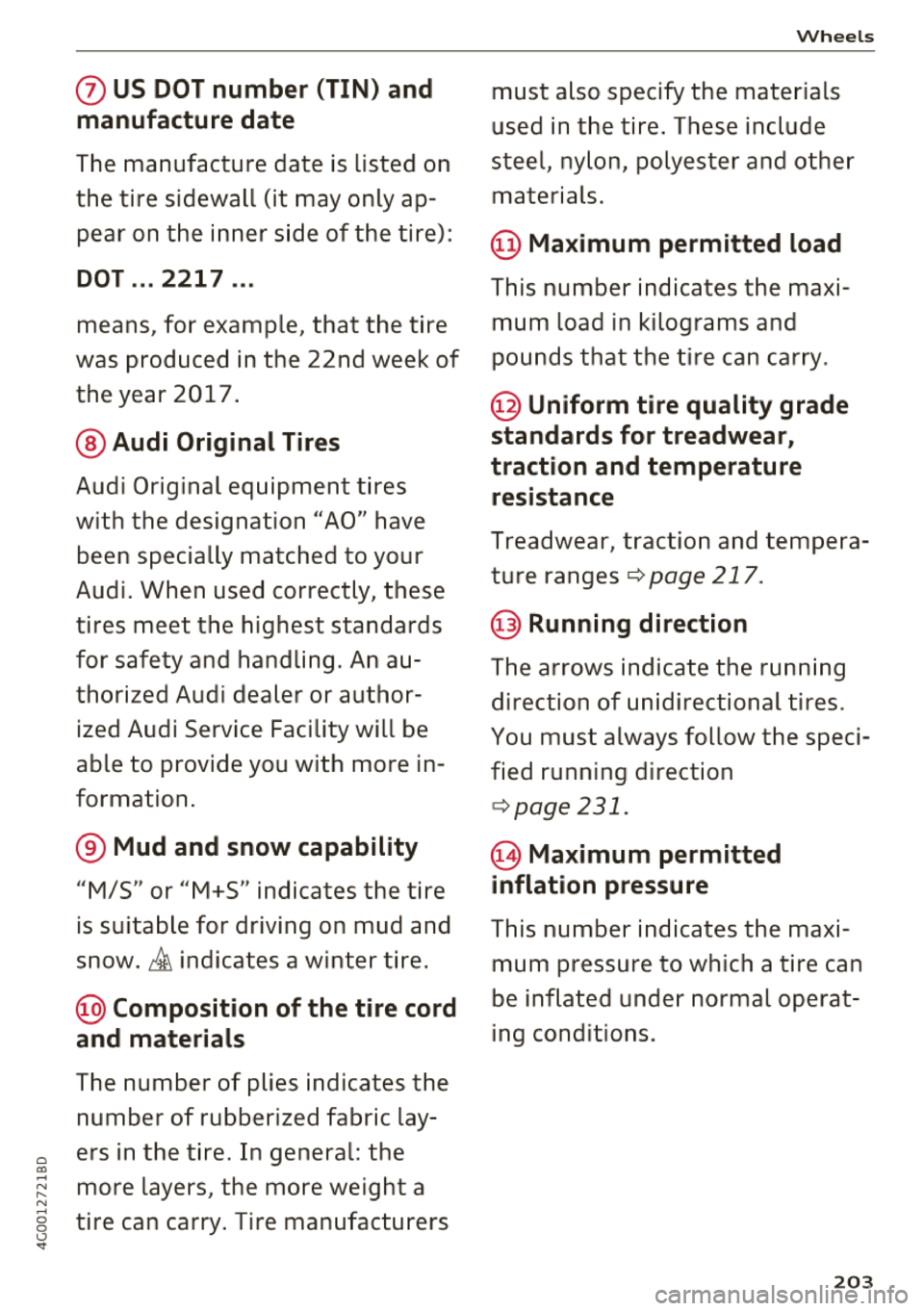 AUDI A6 2018 Owners Manual 0 0)
-N ,.... N
-0
s ..
(J) US DOT number (TIN) and
manufacture date
T he manufacture date is listed on
the tire sidewall (it may only ap
pear on the inner s ide of the tire AUDI A6 2018 Owners Manual 0 0)
-N ,.... N
-0
s ..
(J) US DOT number (TIN) and
manufacture date
T he manufacture date is listed on
the tire sidewall (it may only ap
pear on the inner s ide of the tire