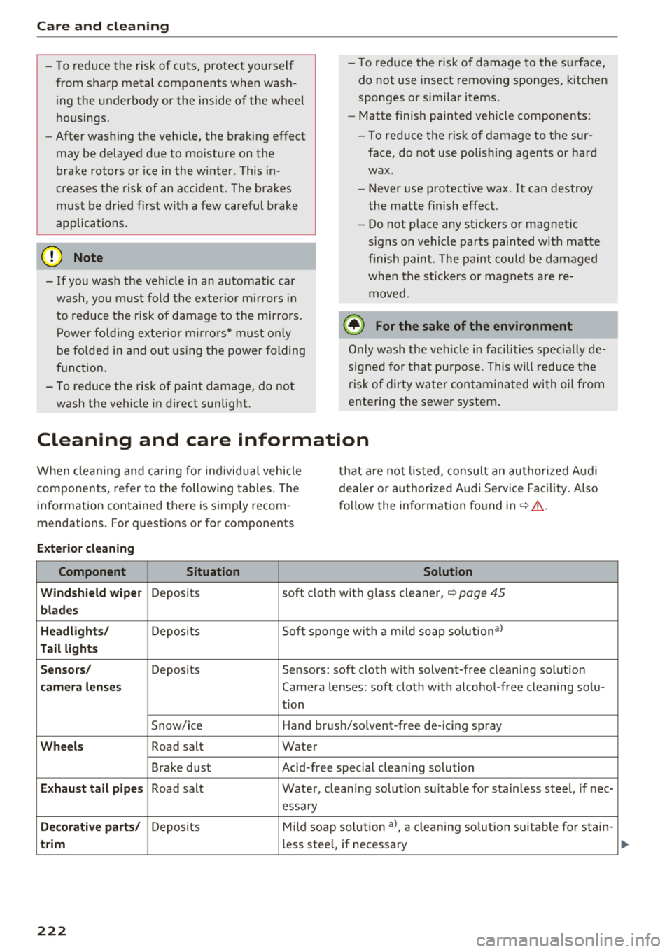AUDI A6 2018 Owners Manual Care and cl eaning
- To reduce the risk of cuts, protect yourself
from sharp metal components when wash ing the underbody or the inside of the wheel
housings .
- After washi AUDI A6 2018 Owners Manual Care and cl eaning
- To reduce the risk of cuts, protect yourself
from sharp metal components when wash ing the underbody or the inside of the wheel
housings .
- After washi
