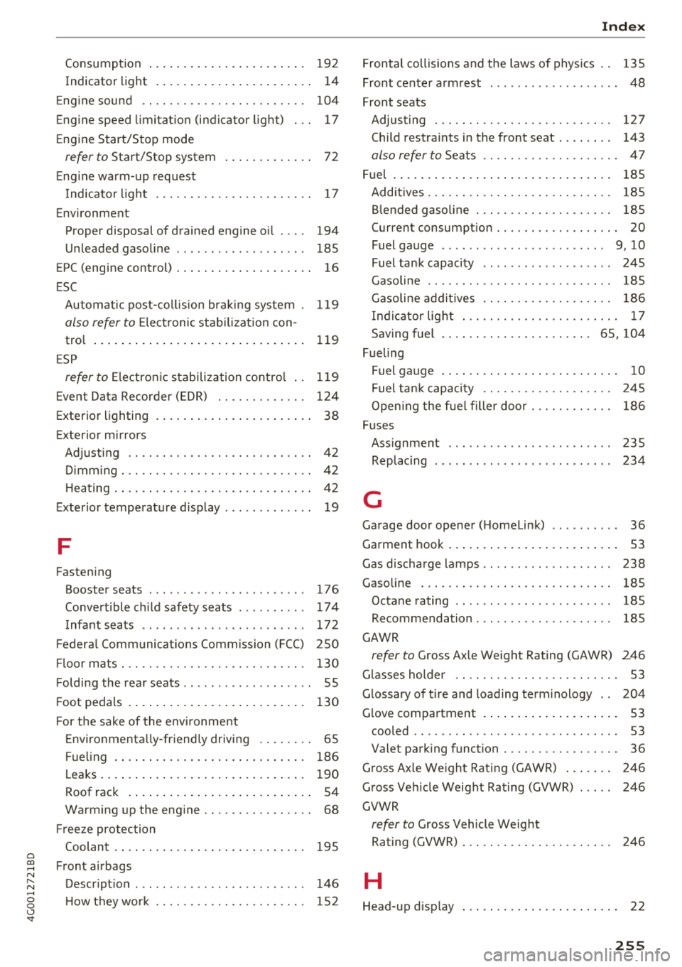 AUDI A6 2018 Manual PDF a co .... N
" N .... 0 0 \.J <t
Consumption Indicator light 192
14
Eng ine sound . . . . . . . . . . . . . . . . . . . . . . . . 104
Engine speed limitation (indicator light) 17
Engine AUDI A6 2018 Manual PDF a co .... N
" N .... 0 0 \.J <t
Consumption Indicator light 192
14
Eng ine sound . . . . . . . . . . . . . . . . . . . . . . . . 104
Engine speed limitation (indicator light) 17
Engine
