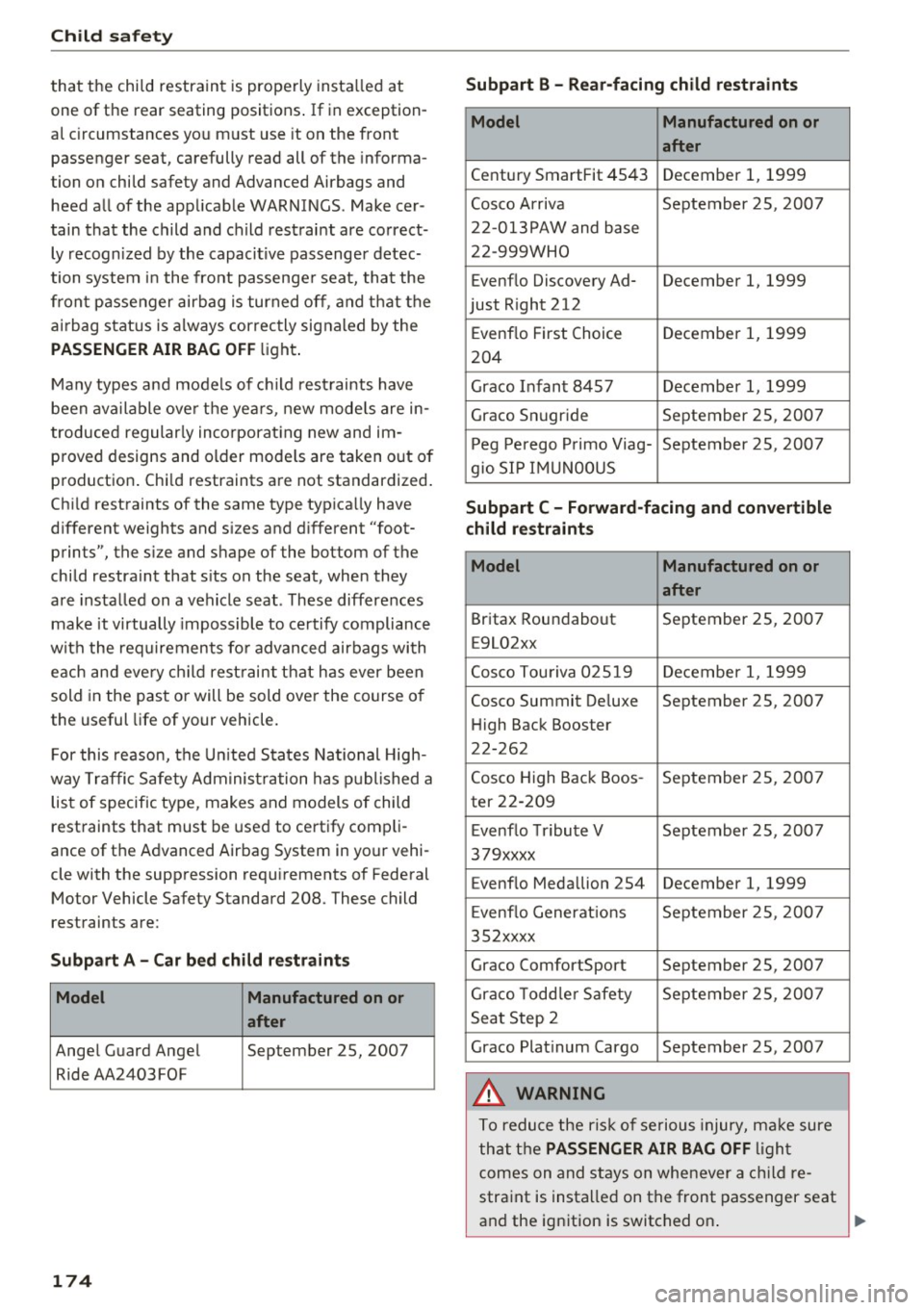 AUDI A6 2017 Owners Manual Child safet y
that the child restraint is properly insta lled at
one of the rear seating positions . If in exception
a l circumstances you must use it on the front
passenger s AUDI A6 2017 Owners Manual Child safet y
that the child restraint is properly insta lled at
one of the rear seating positions . If in exception
a l circumstances you must use it on the front
passenger s