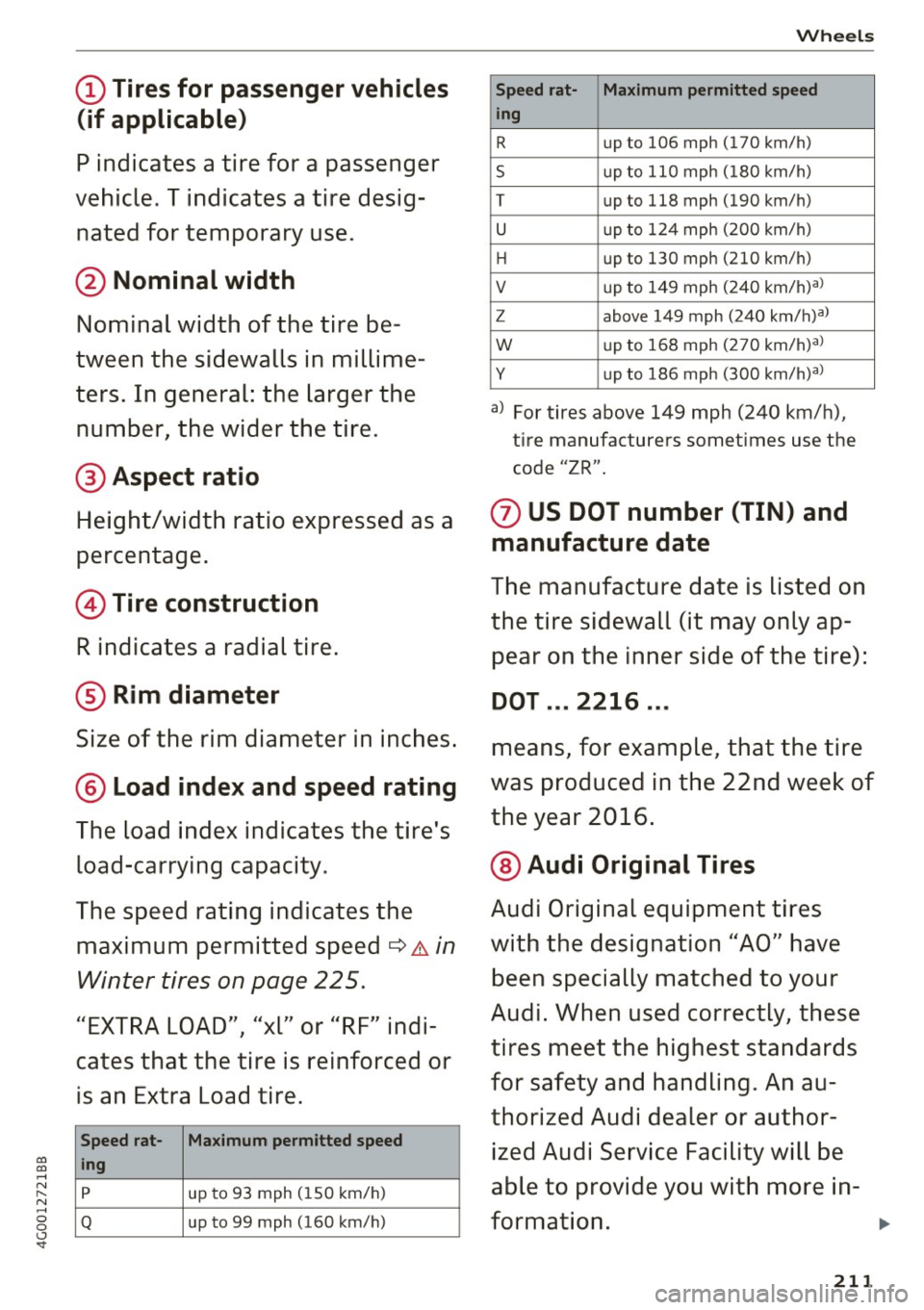 AUDI A6 2017 Owners Manual co
co
.... N
" N .... 0 0 <..:l <t
(D Tires for passenger vehicles
(if applicable)
P indicat es a tir e for a p asse ng er
vehi cle. T indi cates a tire de sig
nated for tempor ary u AUDI A6 2017 Owners Manual co
co
.... N
" N .... 0 0 <..:l <t
(D Tires for passenger vehicles
(if applicable)
P indicat es a tir e for a p asse ng er
vehi cle. T indi cates a tire de sig
nated for tempor ary u