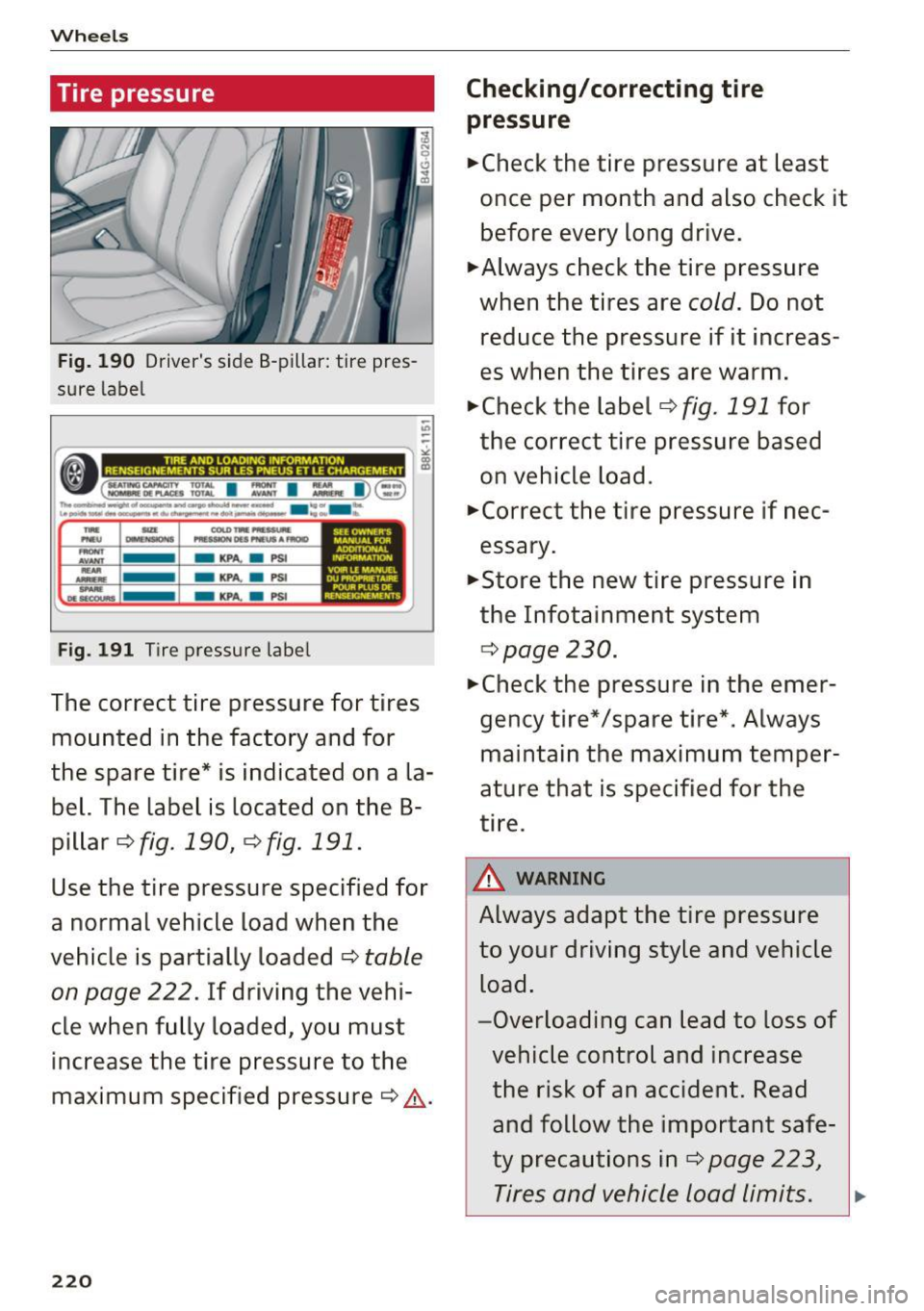 AUDI A6 2017 Owners Manual Wheels
Tire pressure
Fig. 190 Drivers side 8-pillar: tire pres
sure label
io
-
i 9 ~ c=-=_-_,_, ---- ... - .- -- .- -- .-~ t=I-- ----_ l i
_NOlall!:Ol,ua.s fOTAL AYA>lf .t.MICftf I/~ AUDI A6 2017 Owners Manual Wheels
Tire pressure
Fig. 190 Drivers side 8-pillar: tire pres
sure label
io
-
i 9 ~ c=-=_-_,_, ---- ... - .- -- .- -- .-~ t=I-- ----_ l i
_NOlall!:Ol,ua.s fOTAL AYA>lf .t.MICftf I/~