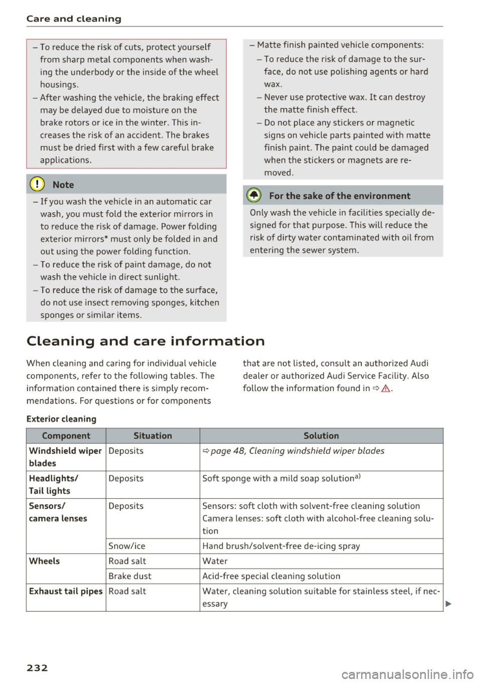 AUDI A6 2017 Owners Manual Care and cleaning
-To reduce the risk of cuts, protect yourself
from sharp metal components when was h
ing the underbody or the inside of the wheel
housings .
- After washing AUDI A6 2017 Owners Manual Care and cleaning
-To reduce the risk of cuts, protect yourself
from sharp metal components when was h
ing the underbody or the inside of the wheel
housings .
- After washing