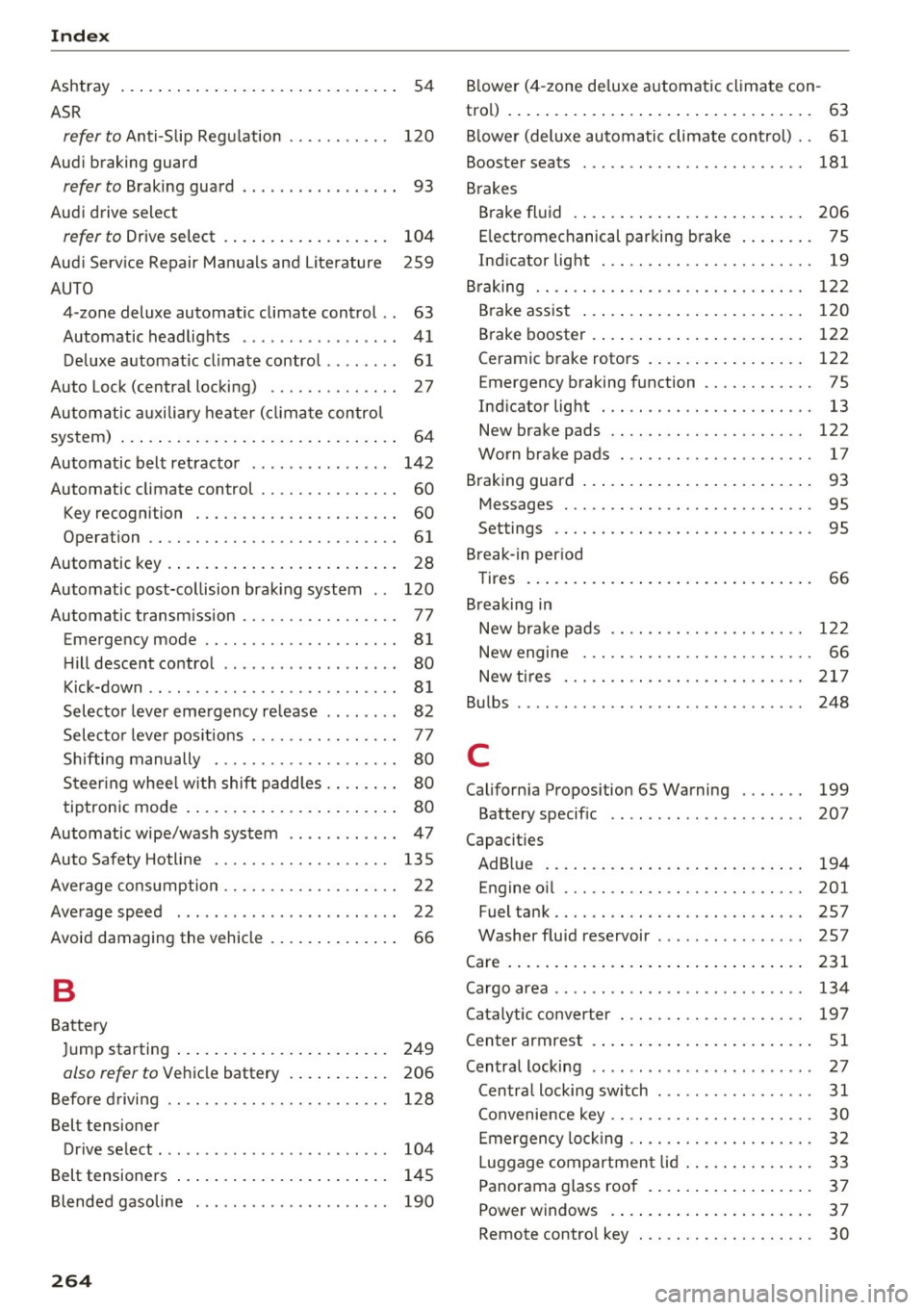 AUDI A6 2017 Owners Guide Index
Ashtray . . . . . . . . . . . . . . . . . . . . . . . . . . . . . . 54
ASR
refer to Anti-S lip Reg ulation . . . . . . . . . . . 120
Aud i braking guard
refer to B raking gu AUDI A6 2017 Owners Guide Index
Ashtray . . . . . . . . . . . . . . . . . . . . . . . . . . . . . . 54
ASR
refer to Anti-S lip Reg ulation . . . . . . . . . . . 120
Aud i braking guard
refer to B raking gu