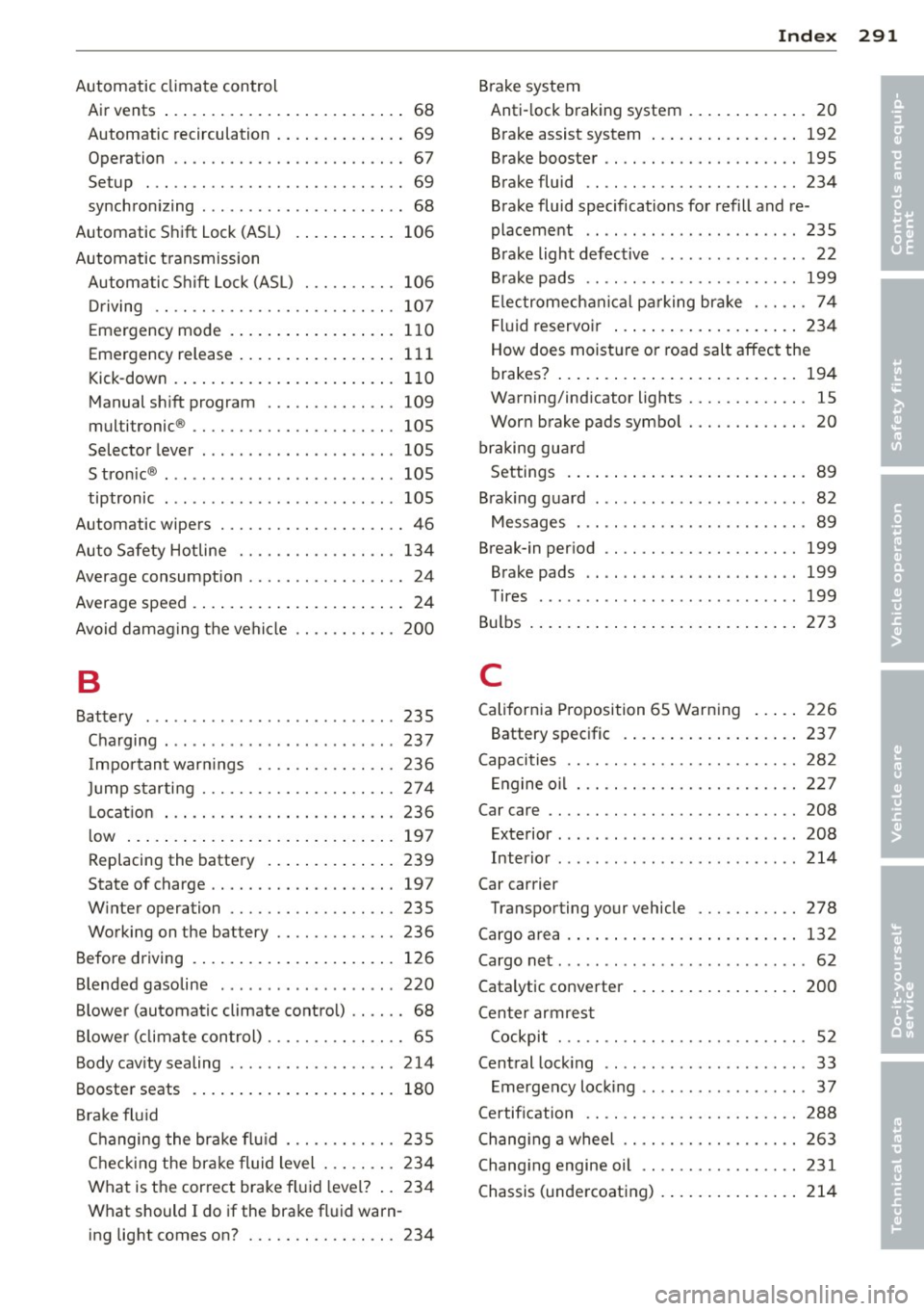 AUDI A6 2013  Owners Manual Automatic  climate  control Air  vents  ... ..... ..... ... .. .. .. ....  68 
Automatic  recirculation  . . .  . . .  . .  . .  . .  . .  69 
Operation  . .  . . . . . . . . . . . . .  . . . .  . .  