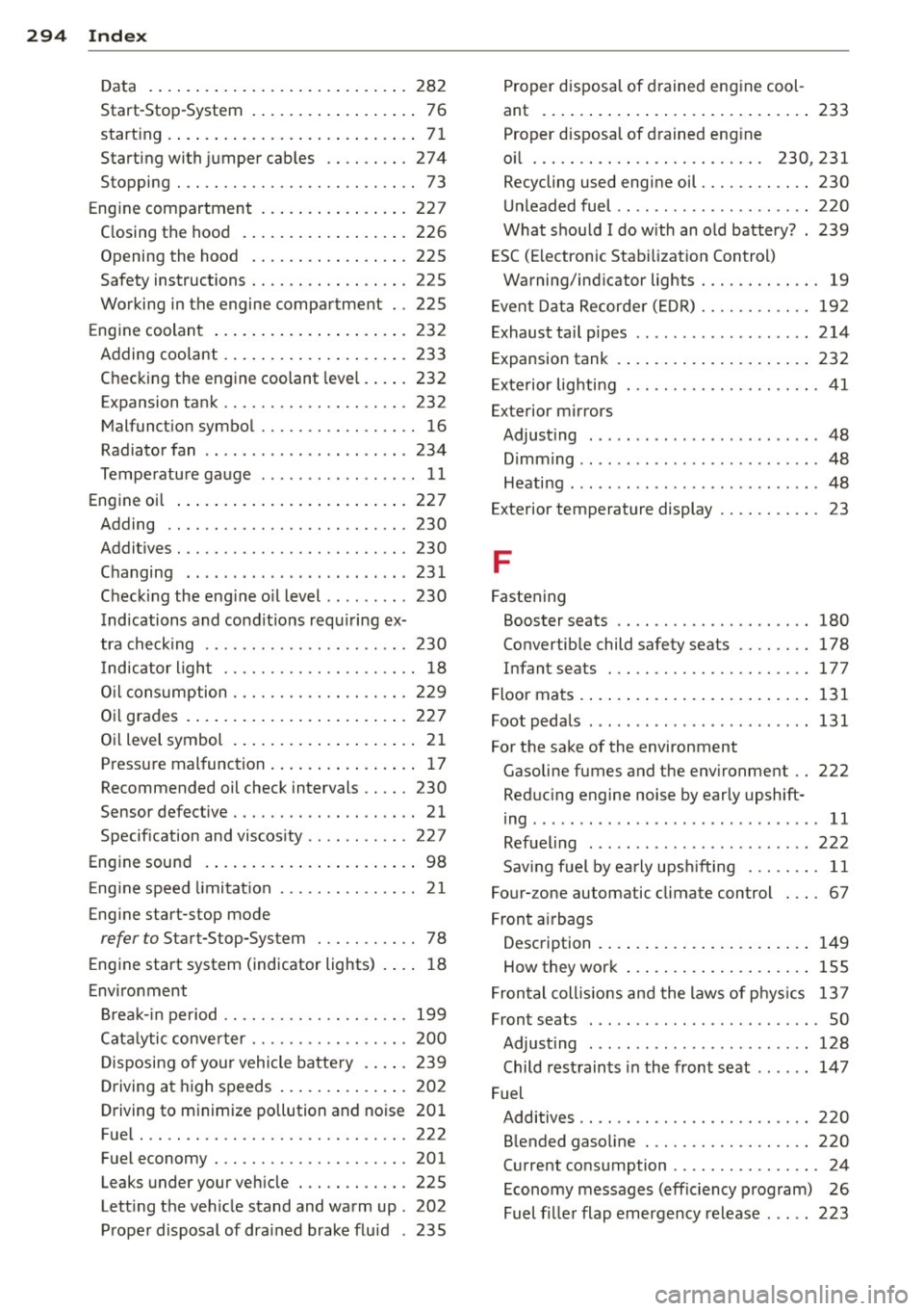 AUDI S6 2013 Owners Guide 294 Index
------------------------------------
Data .... ....... ......... ... .... . 282
Start-Stop-System . . . . . . . . . . . . . . . . . . 76
start ing .. .. ................ ..... .. AUDI S6 2013 Owners Guide 294 Index
------------------------------------
Data .... ....... ......... ... .... . 282
Start-Stop-System . . . . . . . . . . . . . . . . . . 76
start ing .. .. ................ ..... ..