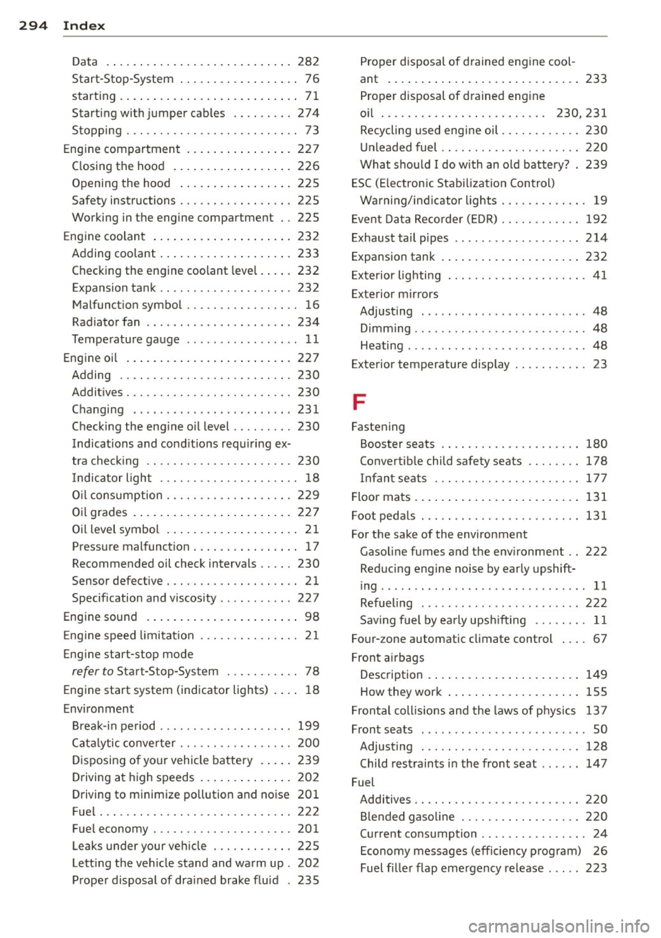 AUDI S6 2013  Owners Manual 294  Index 
------------------------------------
Data .... ....... ......... ... .... . 282 
Start-Stop-System  . . . . .  . . .  . .  . .  . . . .  . .  76 
start ing  .. .. ................ ..... ..