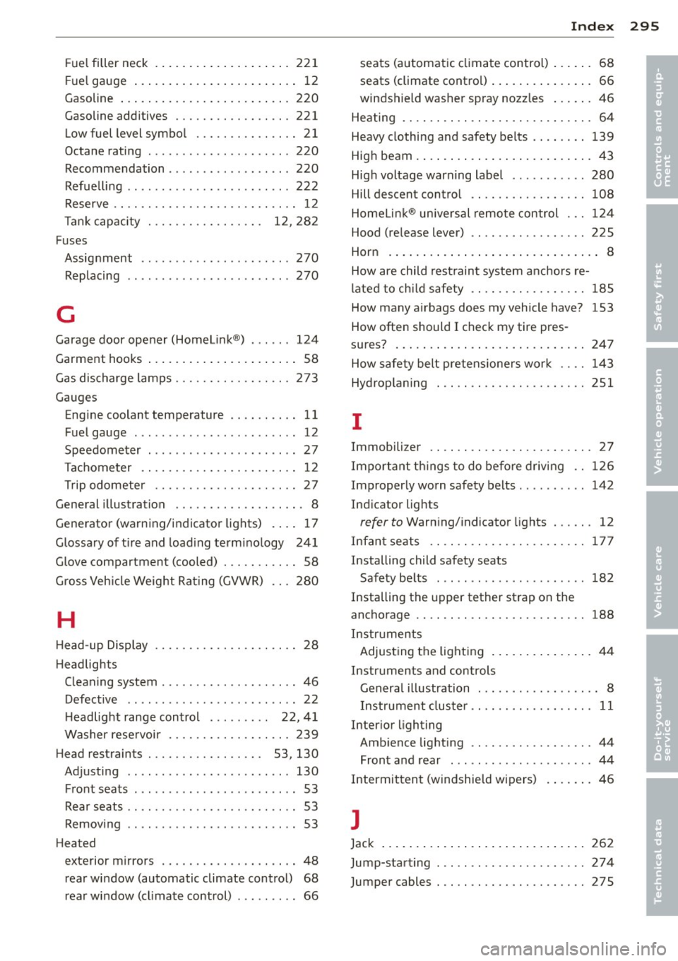 AUDI S6 2013  Owners Manual Fuel filler  neck  ................ ....  221 
Fuel  gauge  ................. ... ....  12 
Gasoline  ... ................ ... .. .  220 
Gasoline  additives  ........ .. .. .. .. .  221 
Low fuel  le