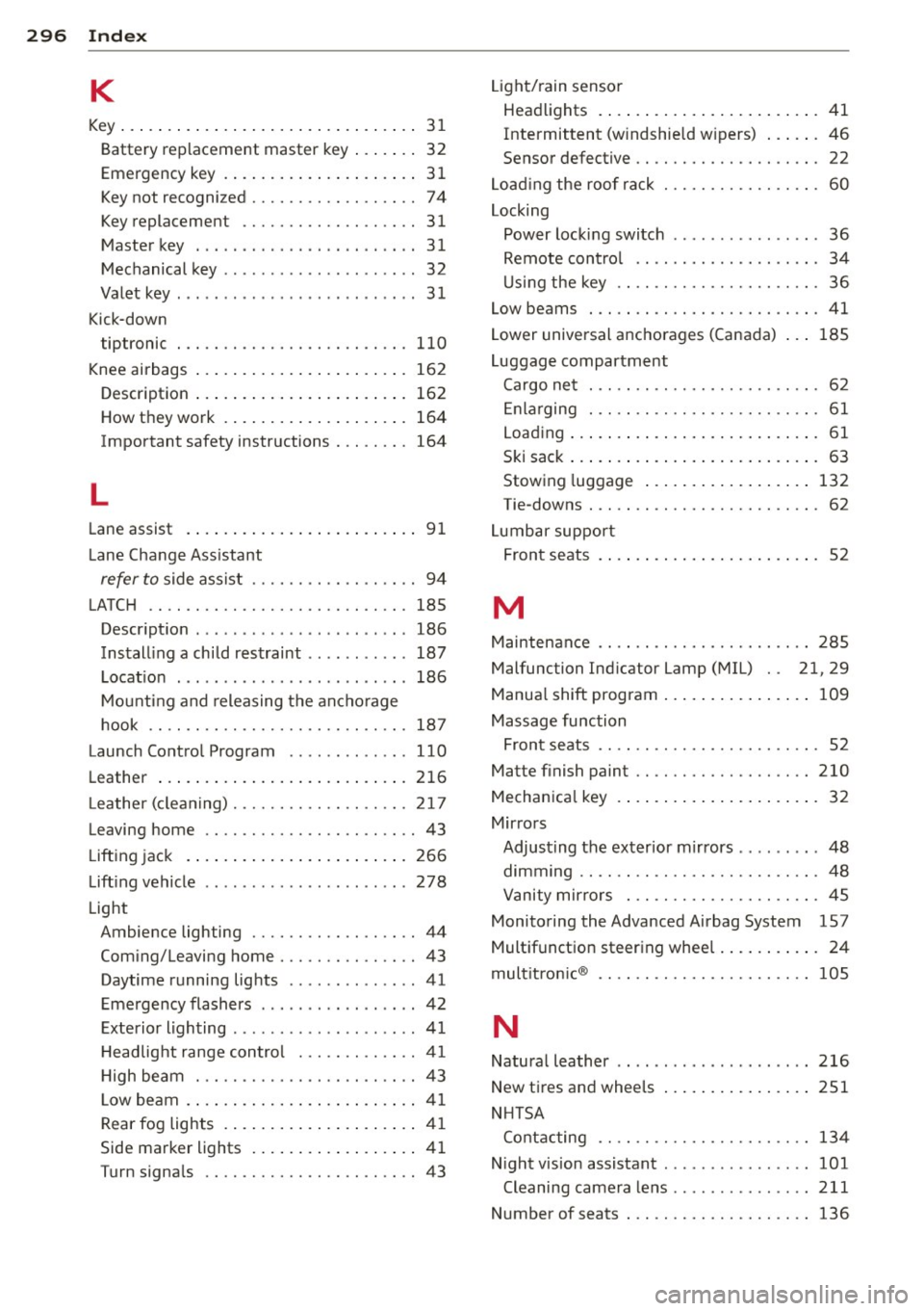 AUDI S6 2013 Owners Guide 296 Index
K
Key ... . ... ... .. .. ..... ... .. .. .... .. 3 1
Battery rep lacement master key ... .. . . 32
Emergency key . . . . . . . . . . . . . . . . . . . . .
3 1
Key not r AUDI S6 2013 Owners Guide 296 Index
K
Key ... . ... ... .. .. ..... ... .. .. .... .. 3 1
Battery rep lacement master key ... .. . . 32
Emergency key . . . . . . . . . . . . . . . . . . . . .
3 1
Key not r