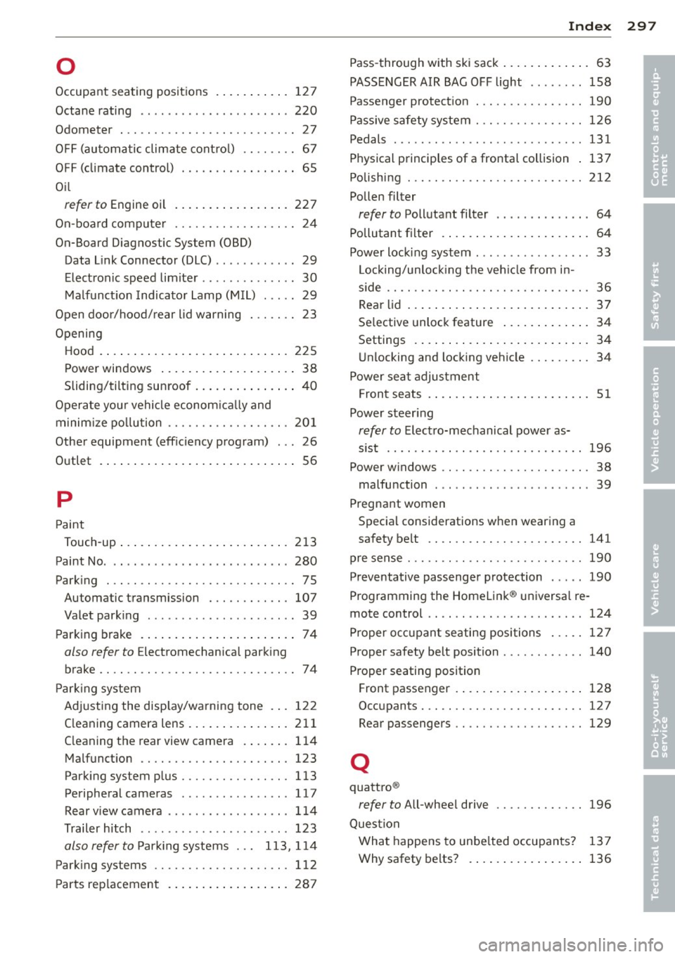 AUDI A6 2013 Owners Manual 0
Occupant seating positions .... .. .. .. . 12 7
Octane rating .............. ... .. .. . 220
Odometer . .. .... ............. .. .. .. 27
OFF (automa tic climate cont ro l) . . . . AUDI A6 2013 Owners Manual 0
Occupant seating positions .... .. .. .. . 12 7
Octane rating .............. ... .. .. . 220
Odometer . .. .... ............. .. .. .. 27
OFF (automa tic climate cont ro l) . . . .