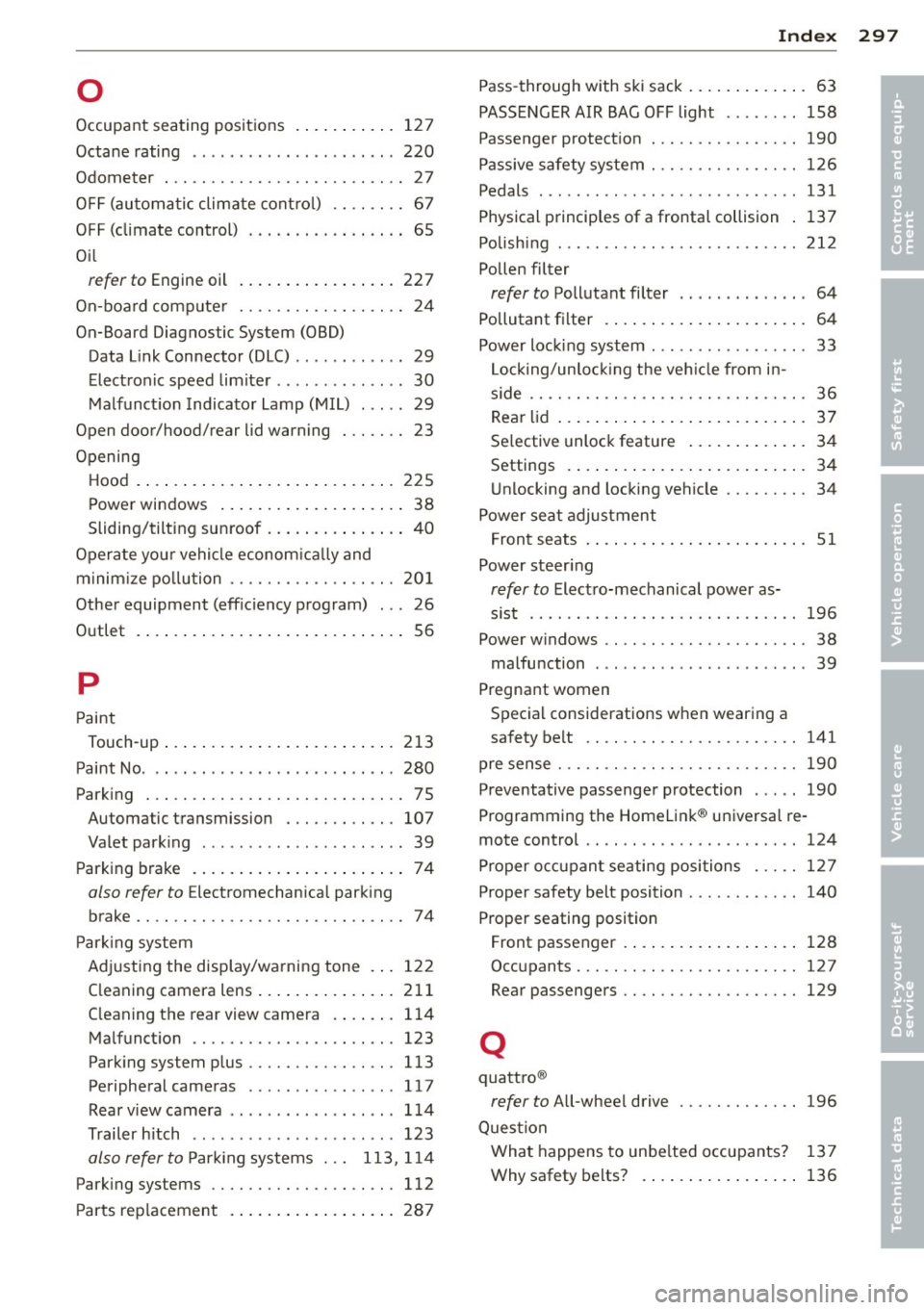 AUDI S6 2013  Owners Manual 0 
Occupant  seating  positions  .... .. .. .. .  12 7 
Octane  rating .............. ... .. .. .  220 
Odometer  . .. .... ............. .. .. ..  27 
OFF (automa tic  climate  cont ro l)  . .  . .  