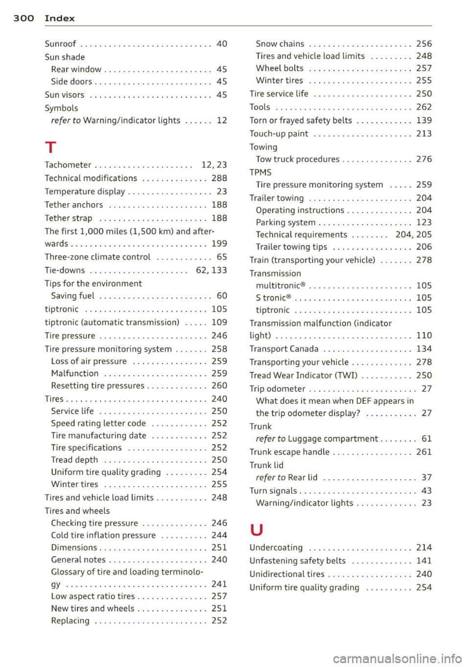 AUDI S6 2013  Owners Manual 300  Index 
Sunroof .......... ......... ... .... .. 40 
Sun  shade 
Rear window  ............. .... .... .. 
45 
Side doors  . .  . . . . .  . . . . .  . . .  . .  . .  . .  . .  . . 45 
Sun visors  