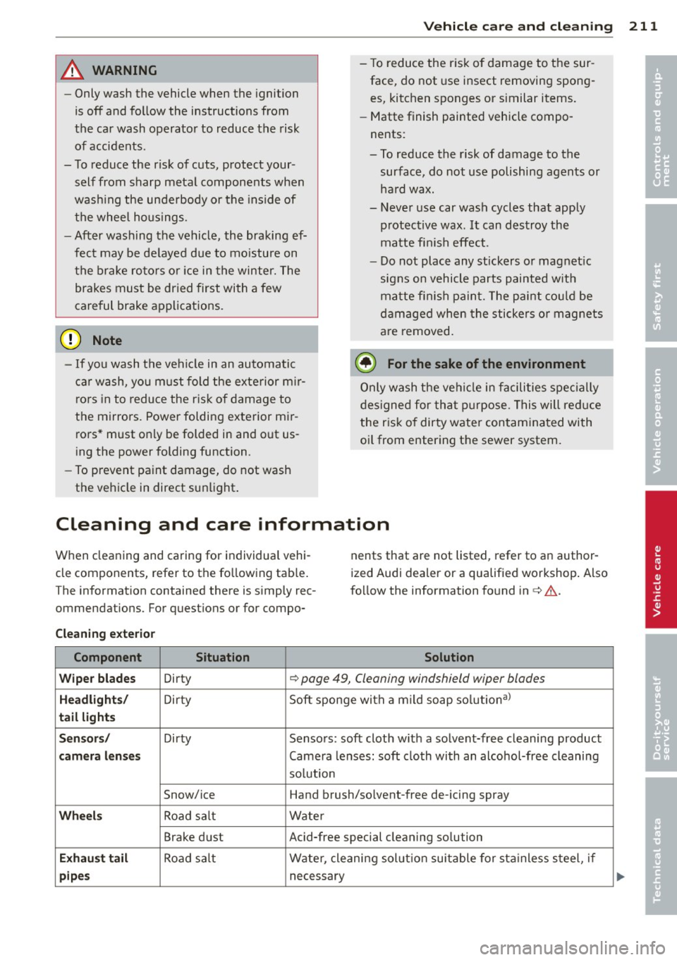 AUDI S6 2014  Owners Manual Vehicl e ca re  a nd  cl eanin g  211 
A WARNING 
-Only wash  the  vehicle  when  the  ignition 
is off  and  follow  the  instructions  from 
the  car  wash  operator  to  reduce  the  risk  of  acci
