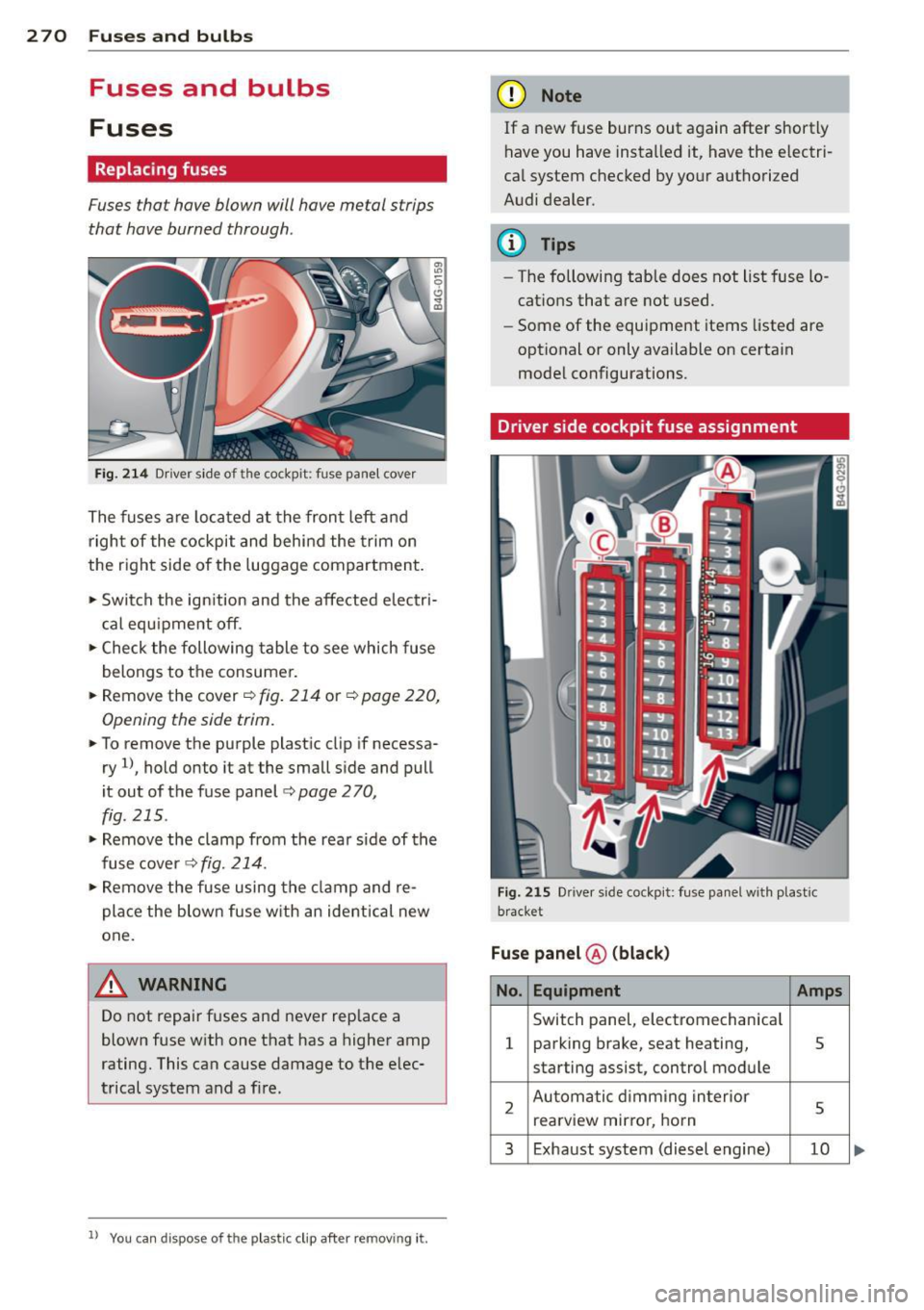 AUDI S6 2014 Owners Manual 2 70 Fuses and bulbs
Fuses and bulbs
Fuses
Replacing fuses
Fuses that have blown will have metal strips
that have burned through.
Fig. 214 Dr iver side of the cockpit: fuse panel AUDI S6 2014 Owners Manual 2 70 Fuses and bulbs
Fuses and bulbs
Fuses
Replacing fuses
Fuses that have blown will have metal strips
that have burned through.
Fig. 214 Dr iver side of the cockpit: fuse panel