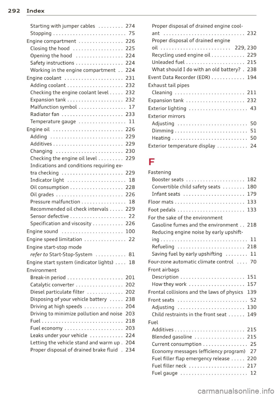 AUDI S6 2014 Owners Manual 292 Index
Starting with j umper cab les . ....... . 274
Stopping . . . . . . . . . . . . . . . . . . . . . . . . . . 7 5
E ng ine compartment ....... .... .... . 226
C lo sing the AUDI S6 2014 Owners Manual 292 Index
Starting with j umper cab les . ....... . 274
Stopping . . . . . . . . . . . . . . . . . . . . . . . . . . 7 5
E ng ine compartment ....... .... .... . 226
C lo sing the